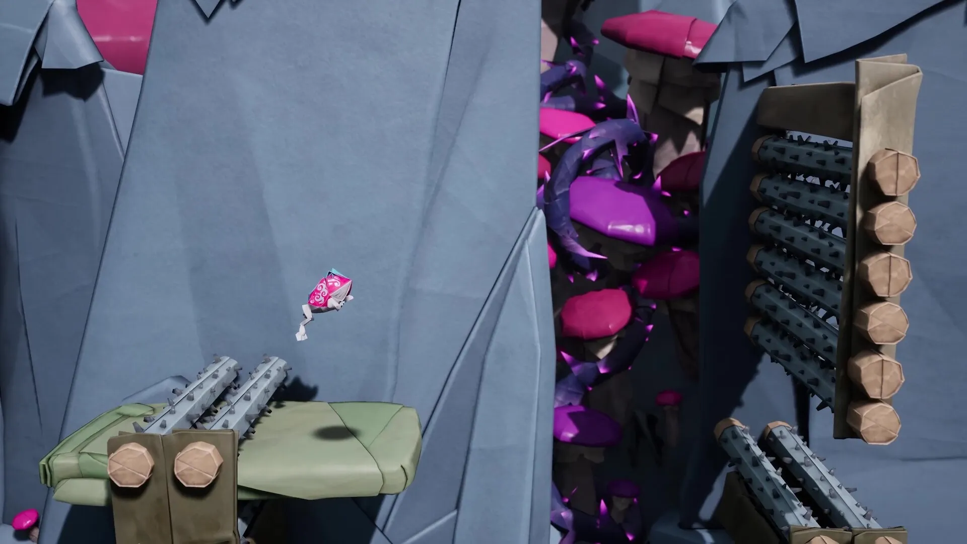 Hirogami: Hiro leaps between spiked platforms in a vibrant origami canyon with purple flora.
