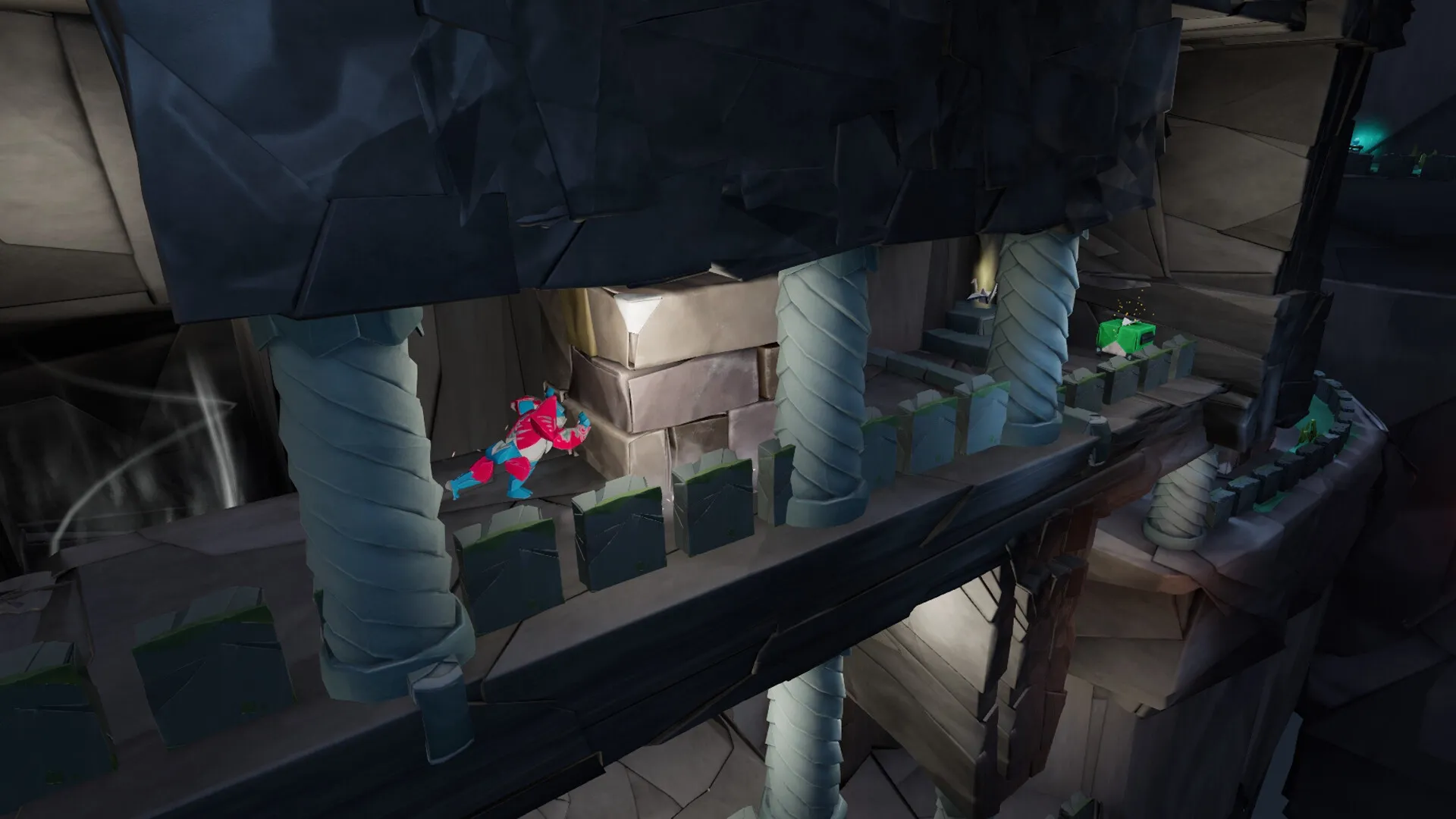 Hirogami: Hiro dashes through a dimly lit stone corridor with spiraled pillars in origami fortress.