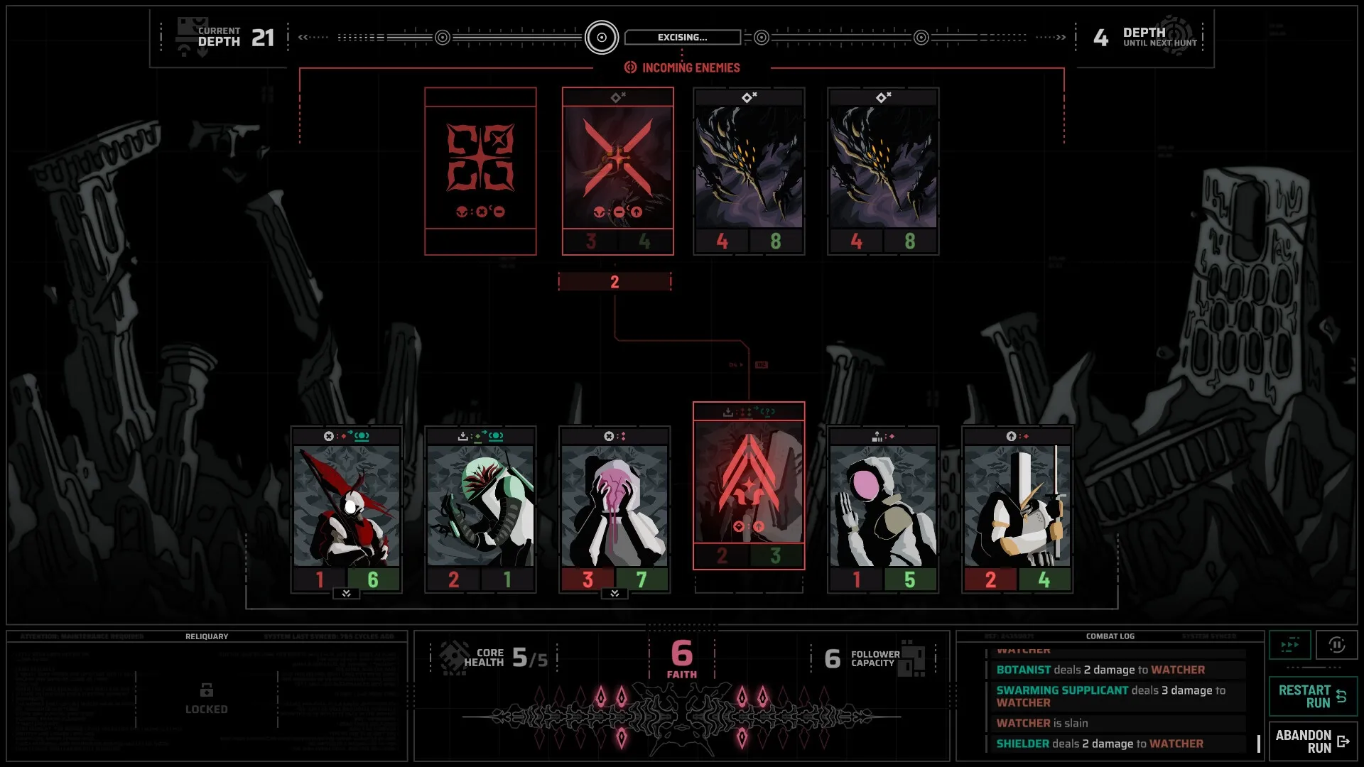 Holder of Place: Card battle interface with follower cards facing incoming enemies in dark ruins setting