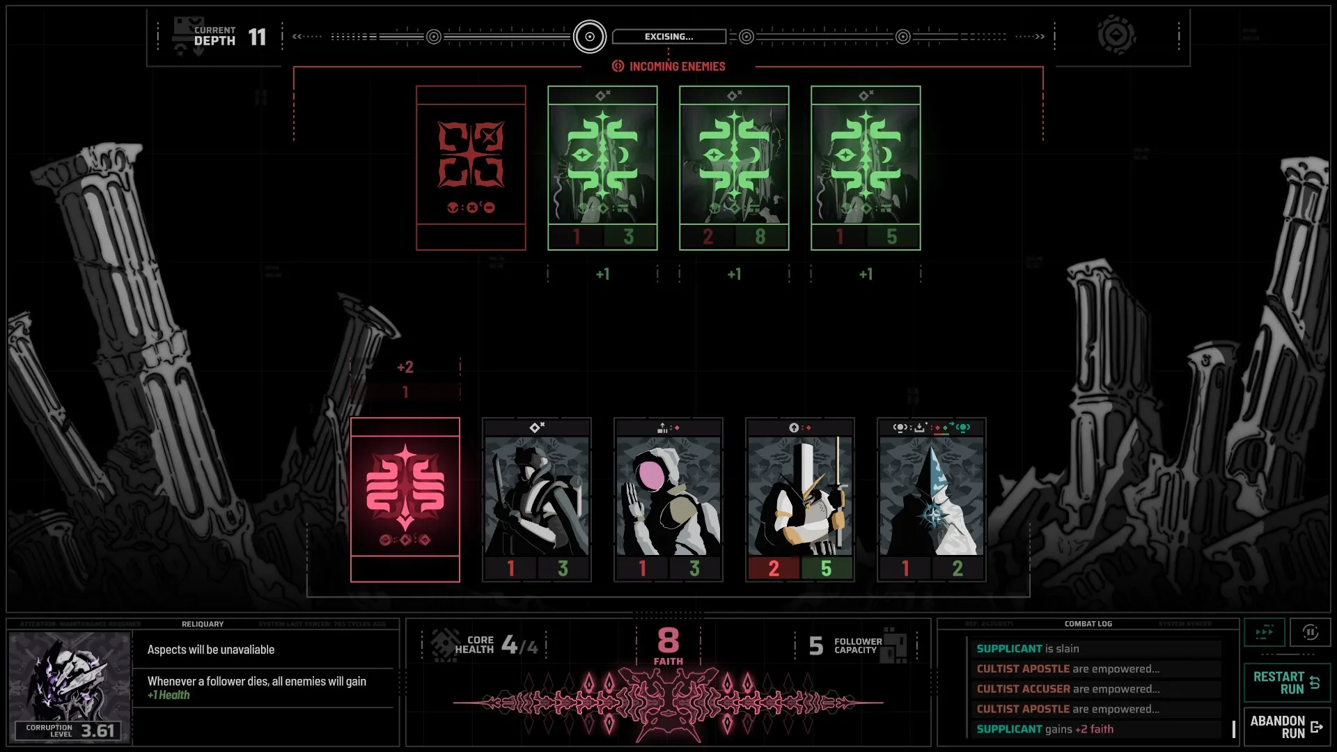 Holder of Place: Combat with follower and enemy cards displayed in a dark, ancient ruin environment