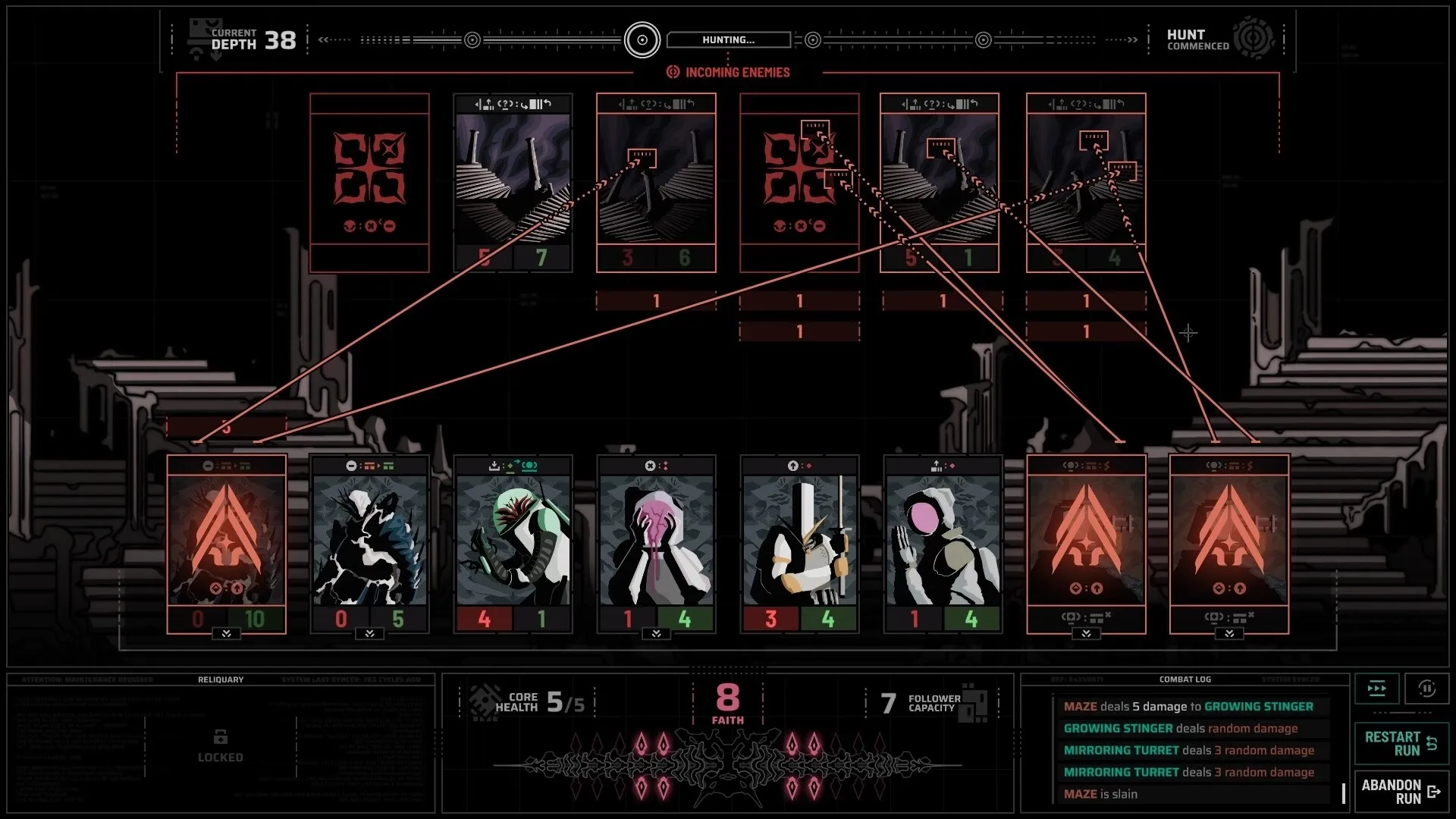 Holder of Place: Combat setup with follower cards against incoming enemies in a dark, sci-fi environment.