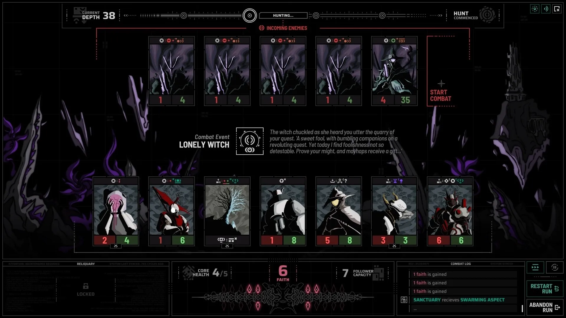 Holder of Place: Combat event with Lonely Witch, enemy cards, and follower cards in dark setting.