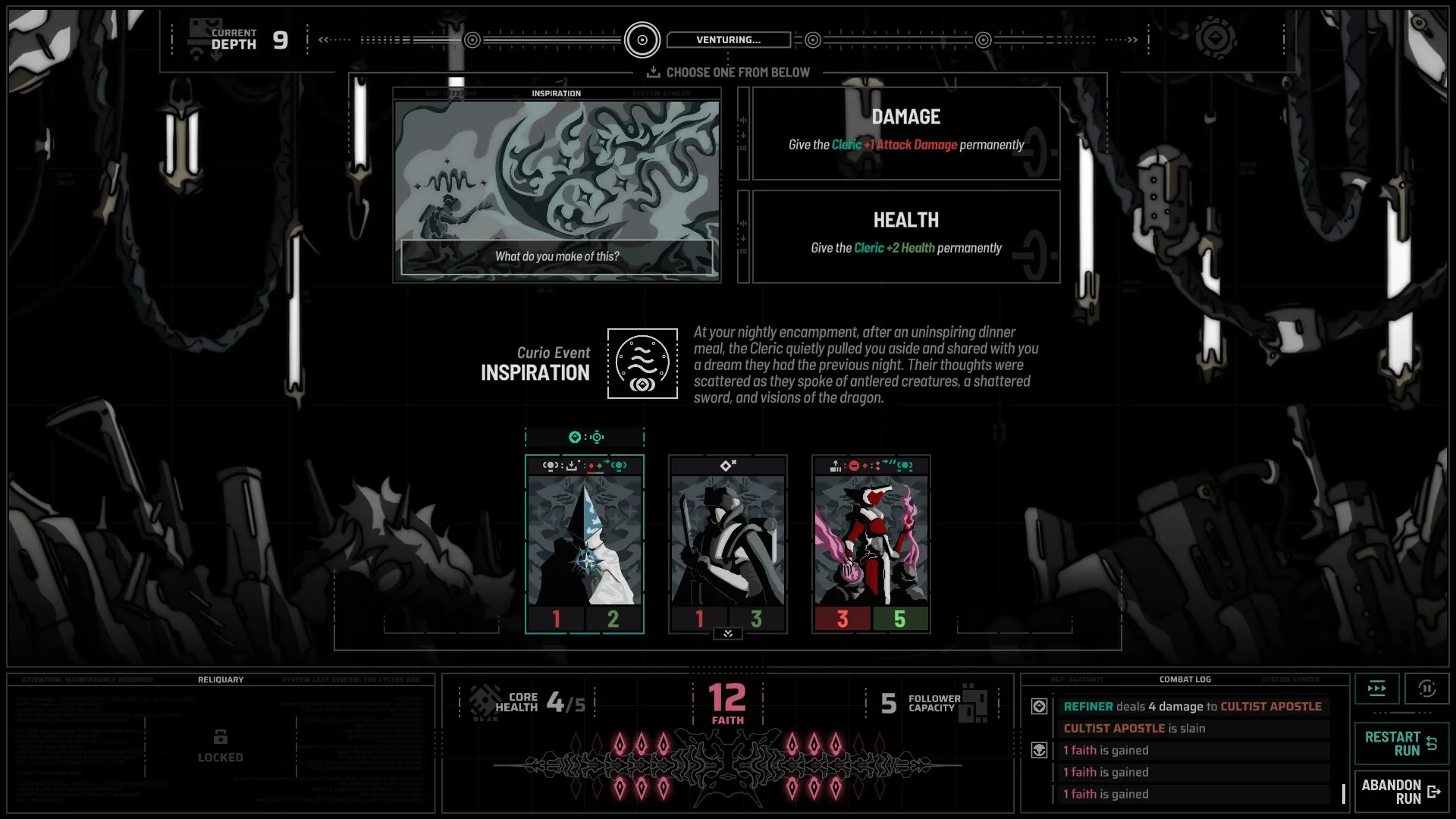 Holder of Place: Curio Event screen with Cleric card choices and stats in dark, sci-fi environment