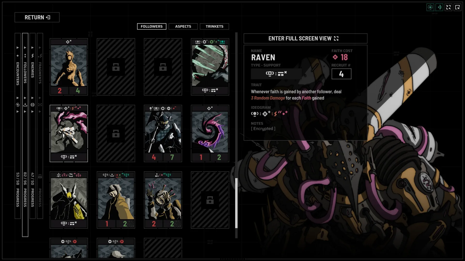 Holder of Place: Follower card selection with detailed stats and traits of Raven in dark interface