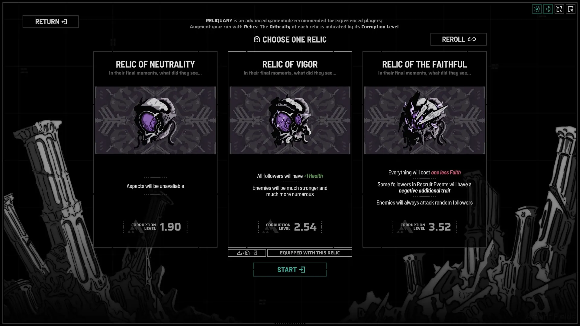 Holder of Place: Relic selection menu with three relics and corruption levels displayed in dark setting