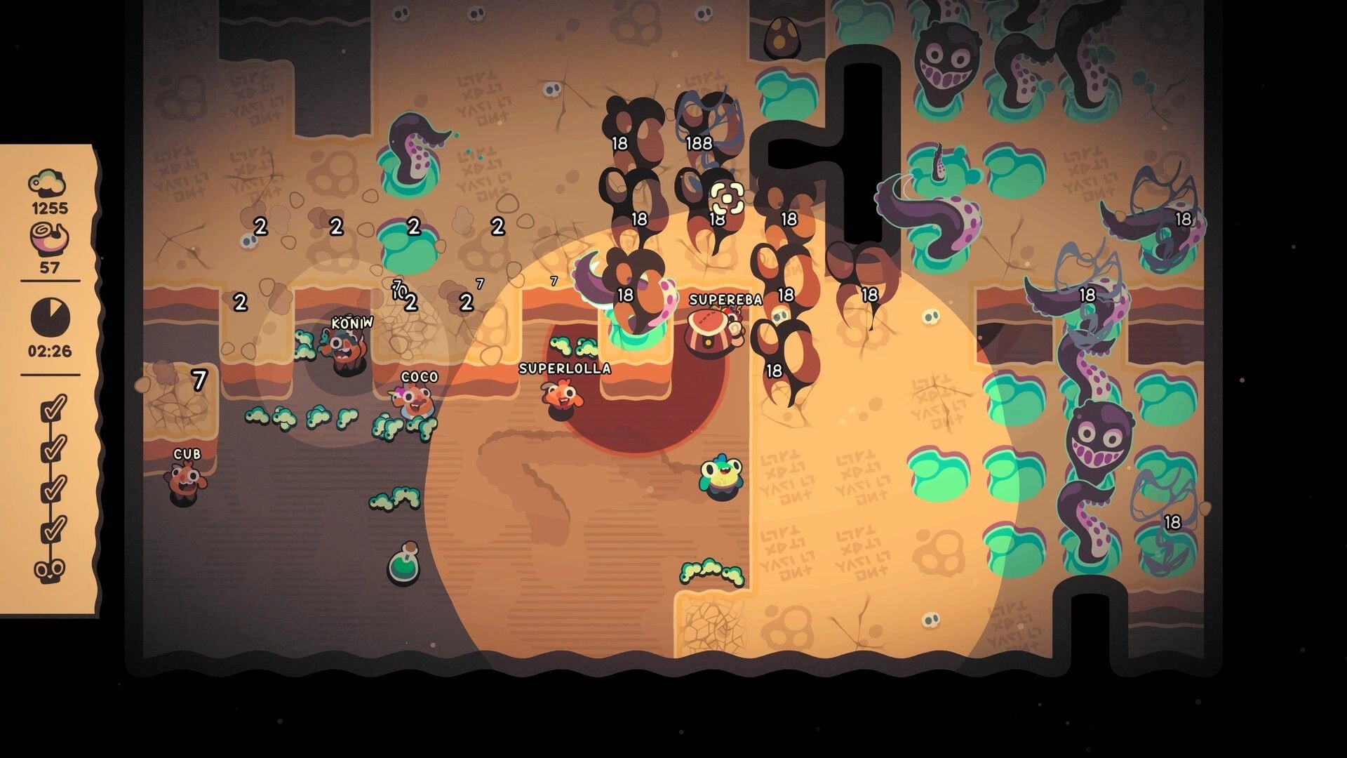 Hole Is Mine: Mini'ohs mine nodes around a giant hole as tentacle enemies lurk in cave map UI.