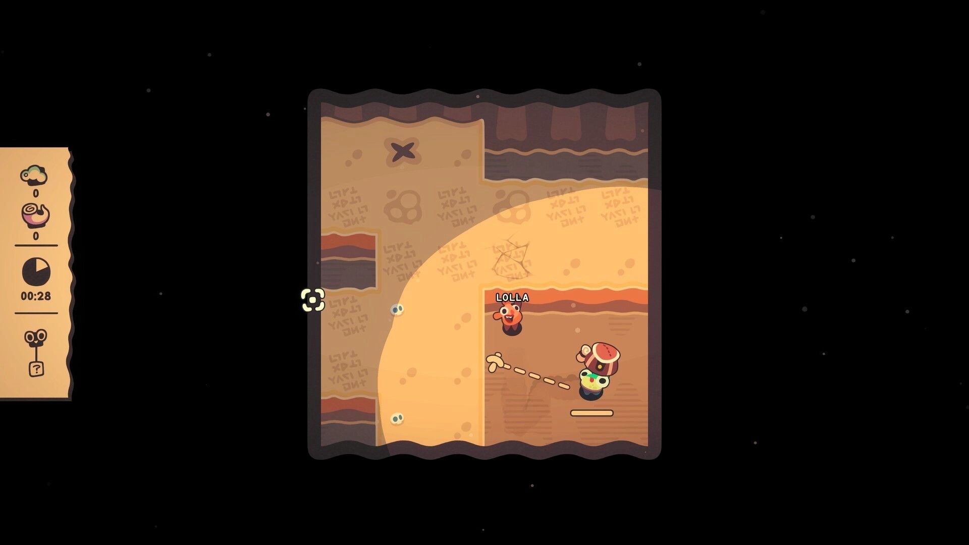 Hole Is Mine: Lolla and a miner dig a tunnel, with timer and resource icons beside the underground map.