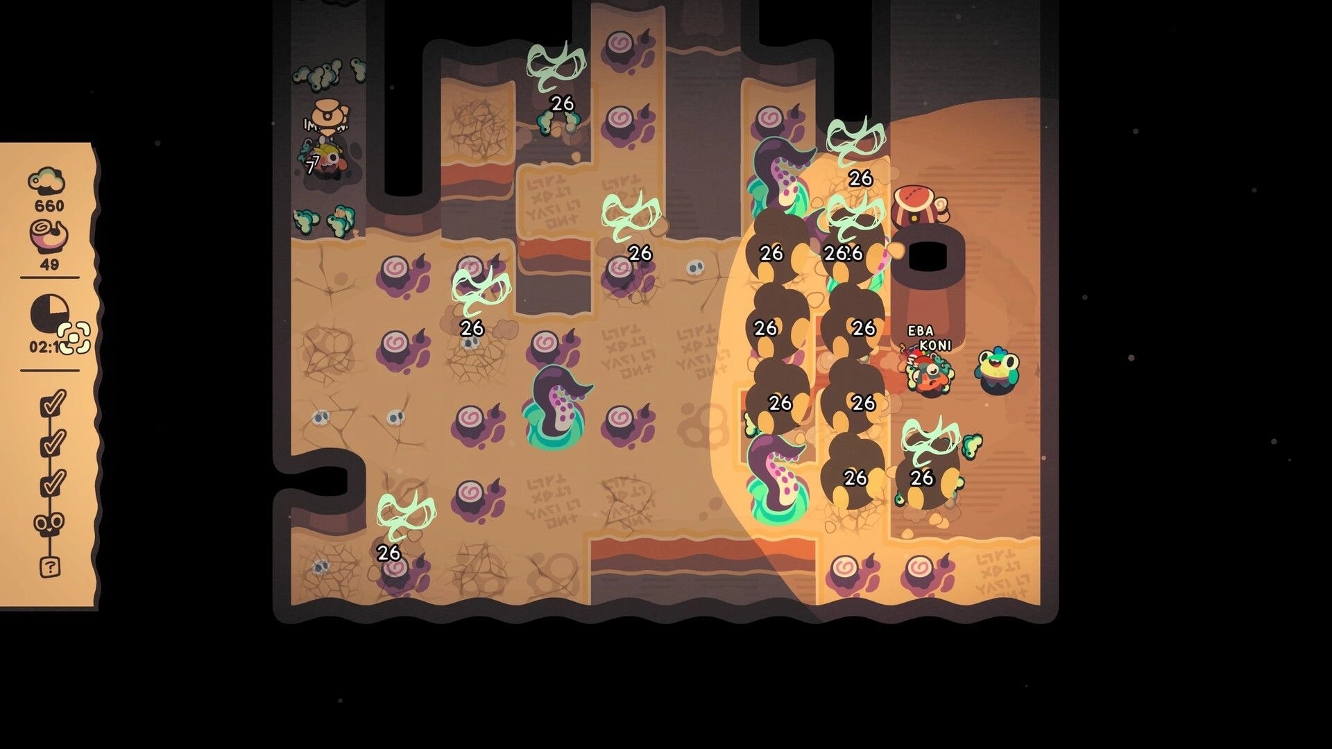 Hole Is Mine: Mini'ohs swarm a cave tile map, mining nodes marked 26 beside a left resource panel.