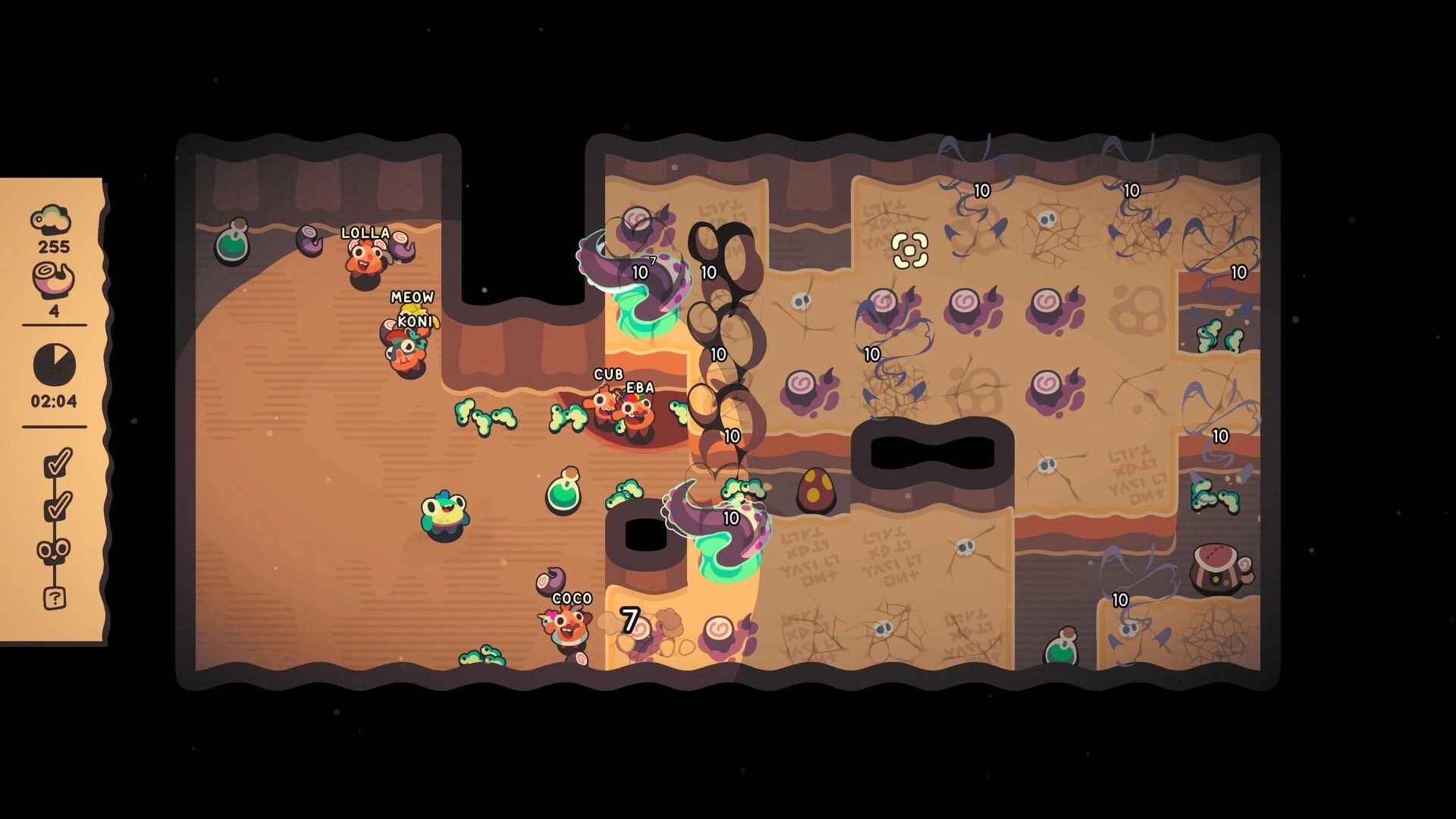 Hole Is Mine: Mini'ohs labeled LOLLA and COCO mine tunnels amid purple nodes, with timer UI on left.