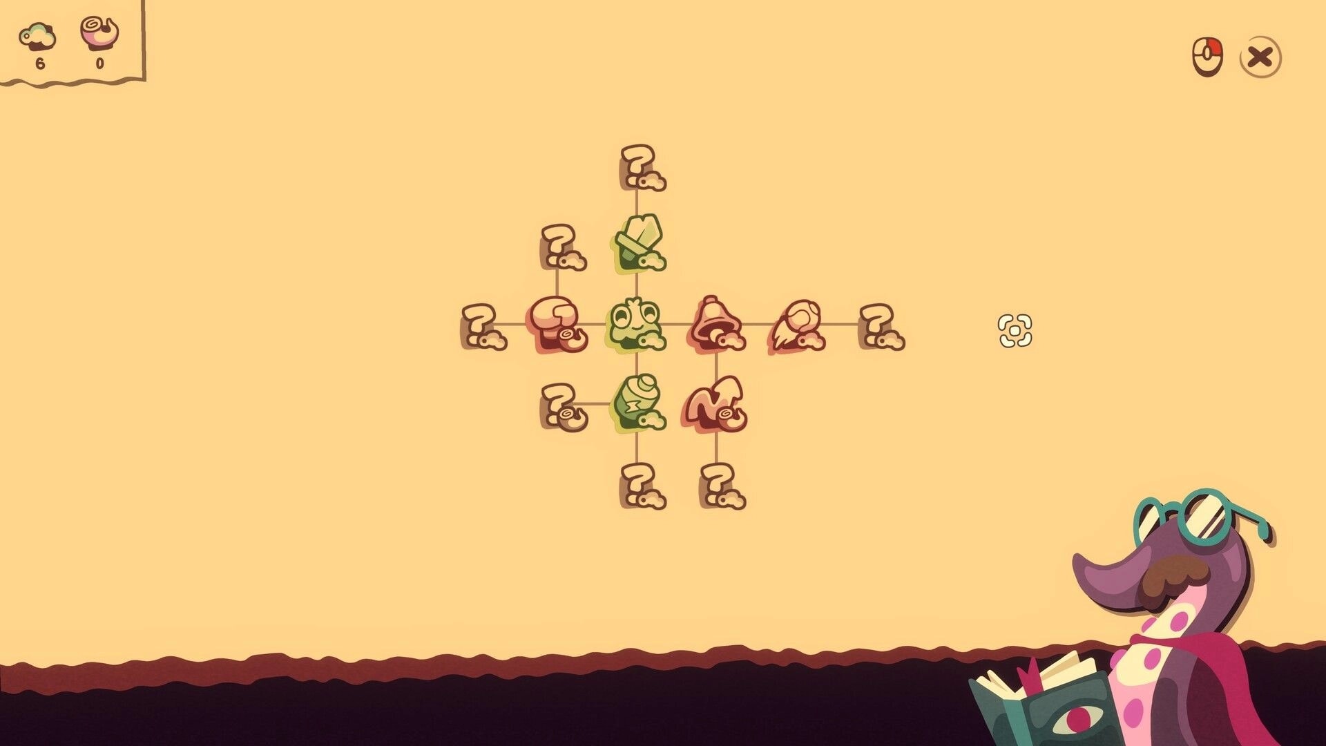 Hole Is Mine: Skill tree with connected icons and question marks on a beige UI, worm reading below.