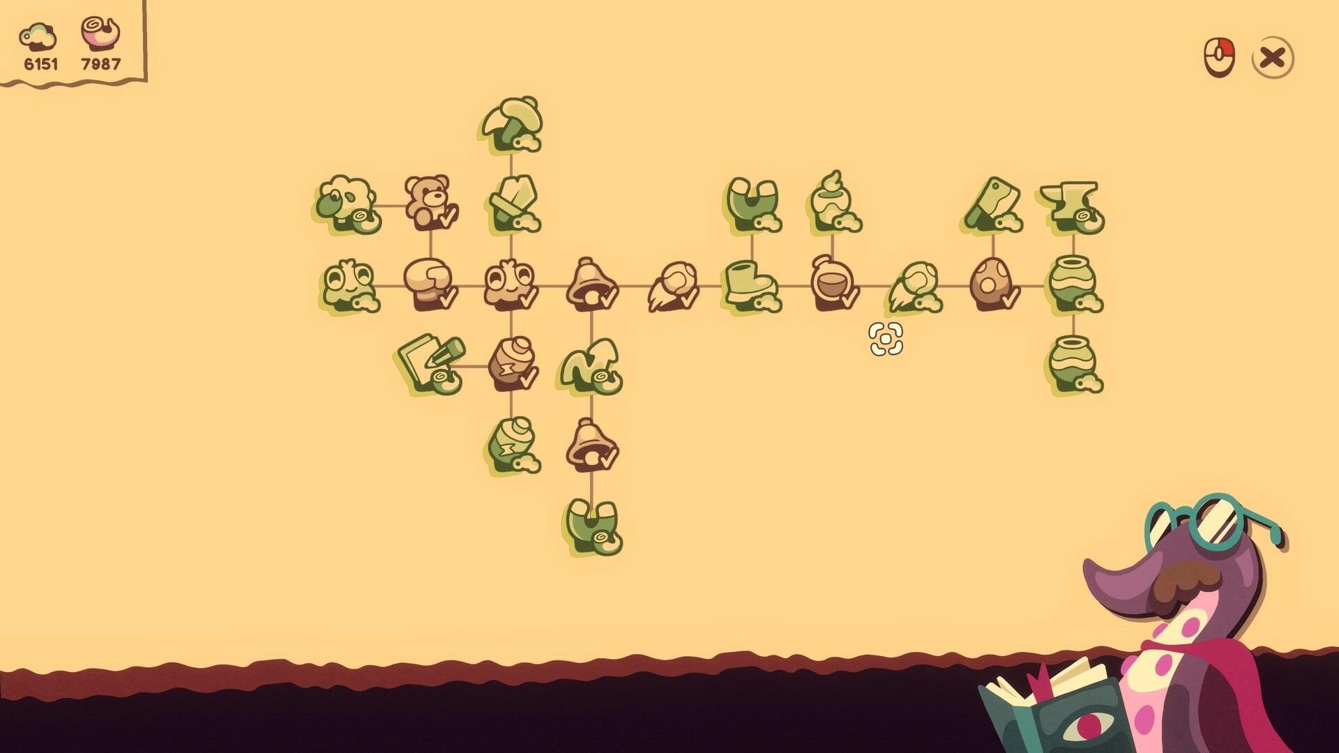 Hole Is Mine: Skill tree screen with connected item icons and currency counters on a beige background.