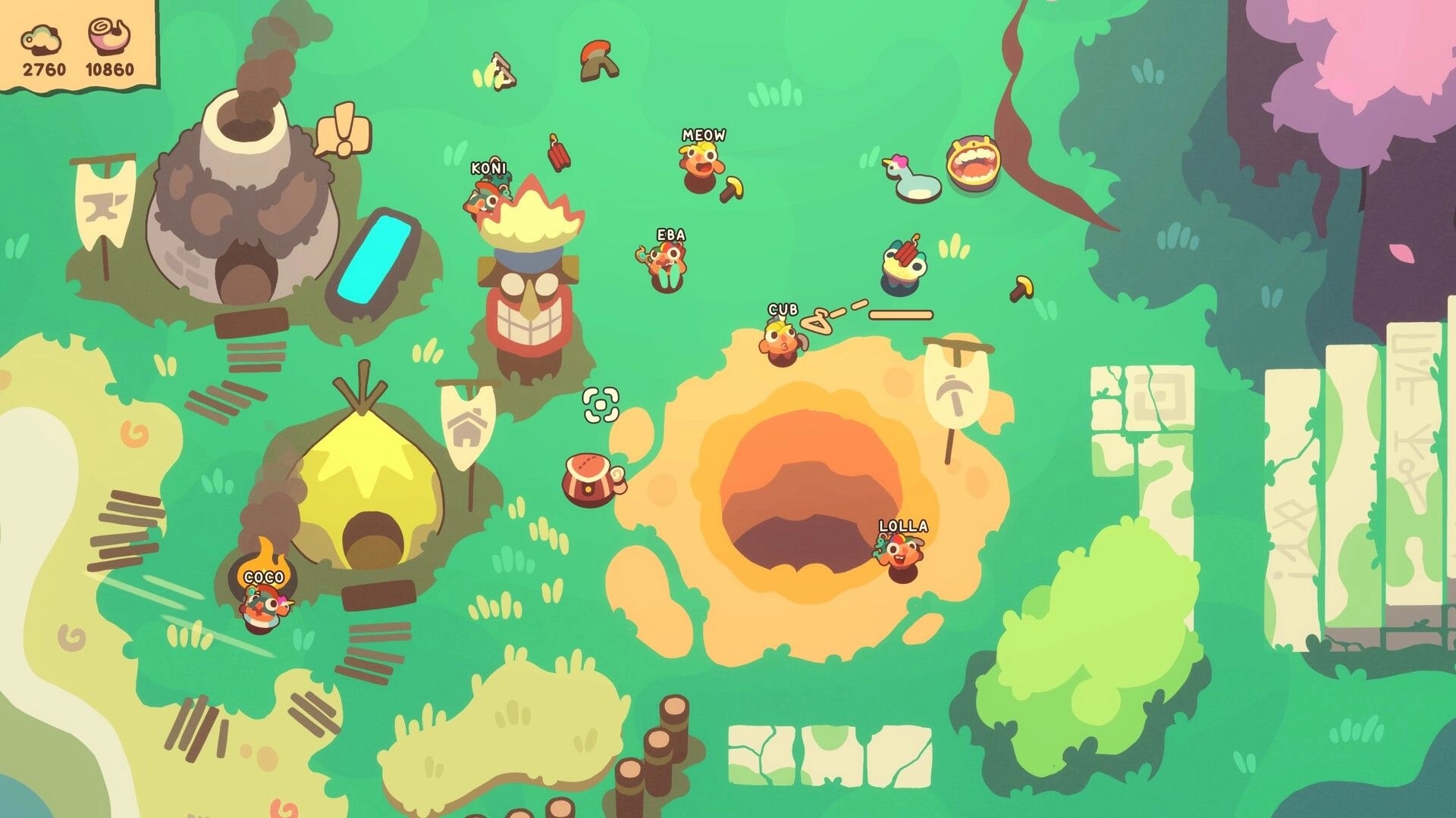 Hole Is Mine: Village hub with named Mini'ohs around a smoking furnace and big central Hole pit.