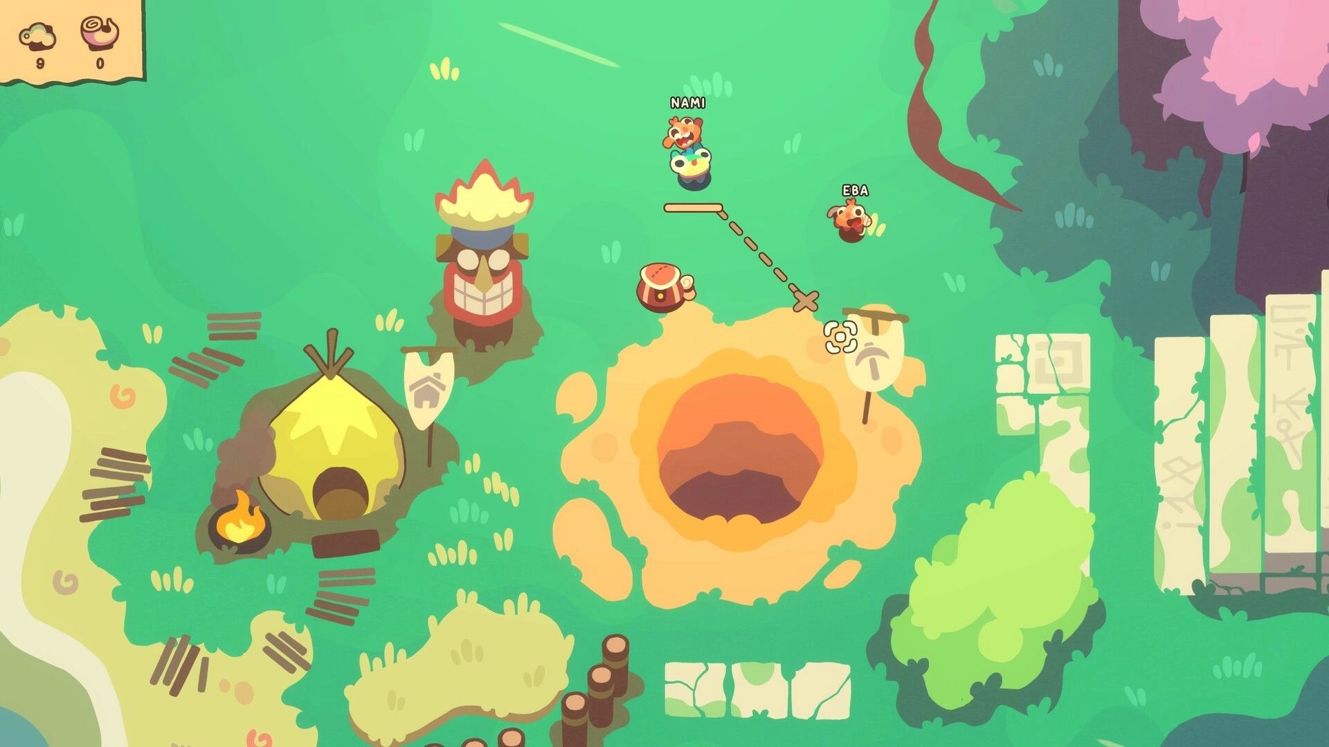 Hole Is Mine: Nami and Eba near a large hole with waypoint line, beside tents and stone ruins in grassland.