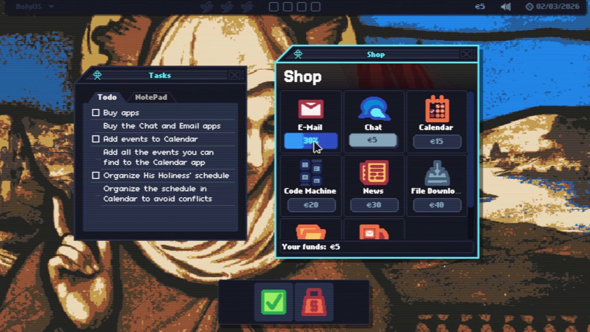 HolyOS: Shop menu to buy Email, Chat, and Calendar apps beside a Tasks checklist on desktop UI.