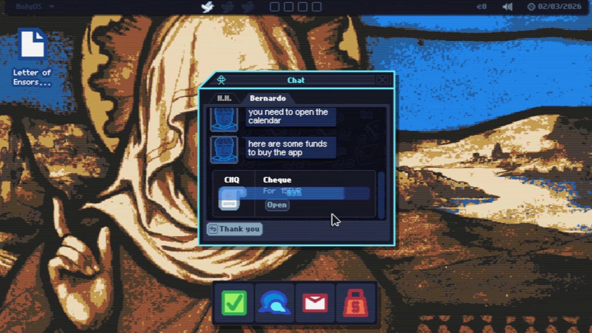 HolyOS: Chat window with Bernardo sending funds and a cheque attachment over Vatican desktop wallpaper.