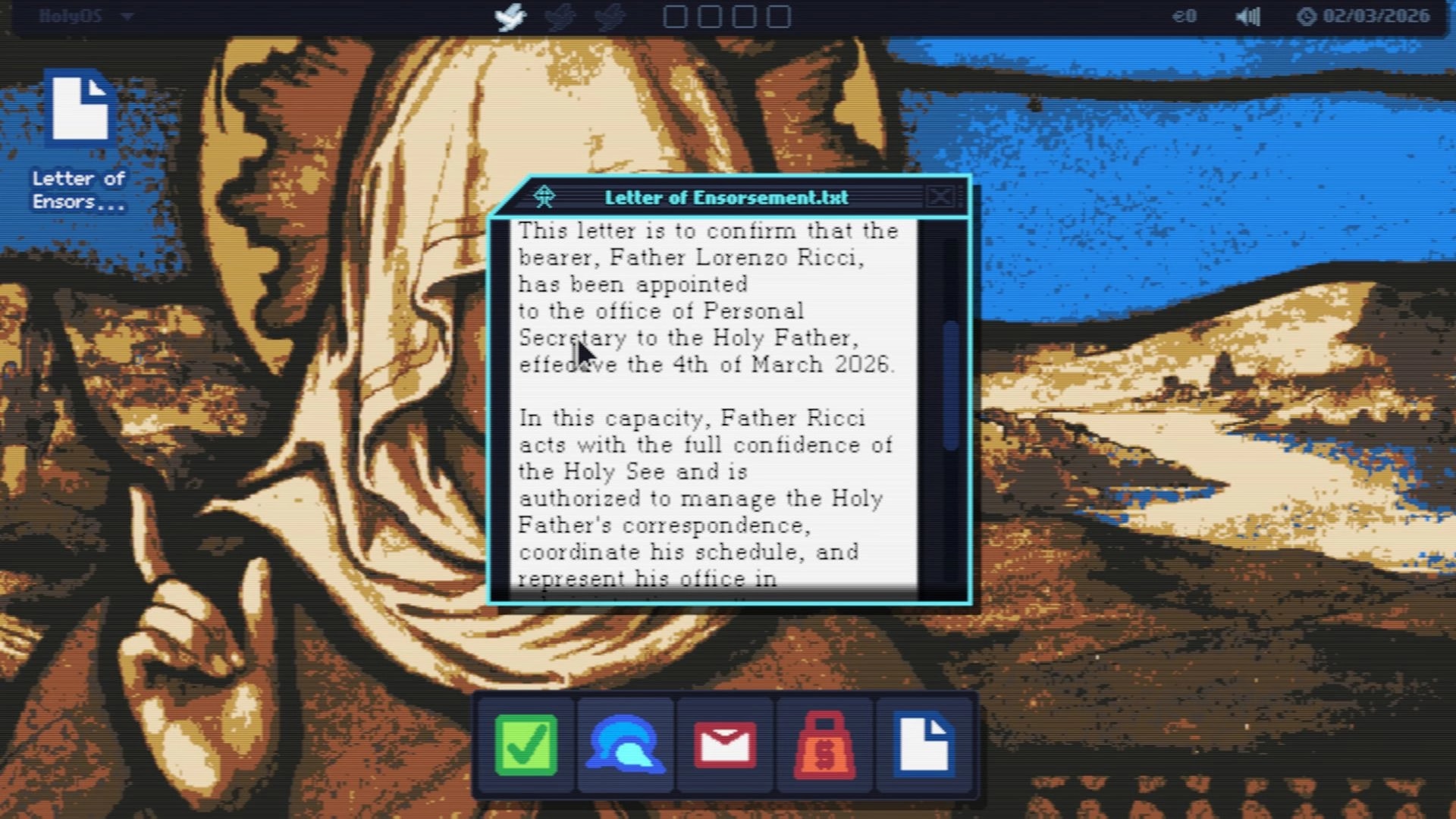 HolyOS: Letter of Endorsement text file open on desktop with stained-glass wallpaper and app dock icons.