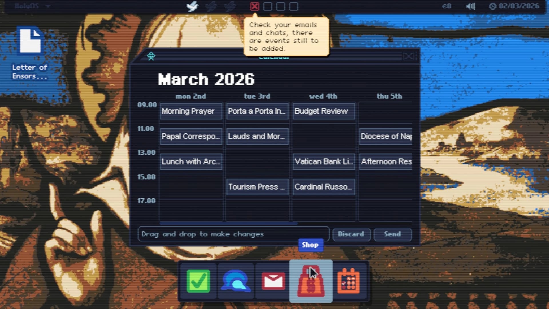 HolyOS: March 2026 calendar window with Vatican schedule blocks and reminder tooltip on desktop background.