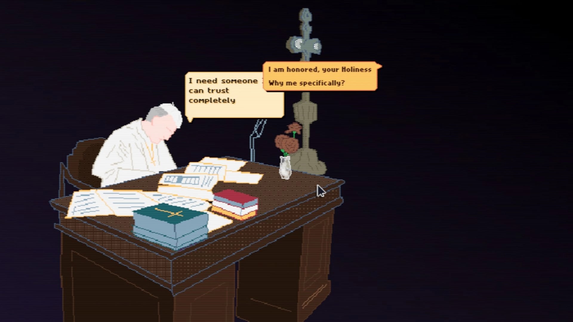 HolyOS: Dialogue choices as the Pope speaks at his desk with papers and books in dim office.
