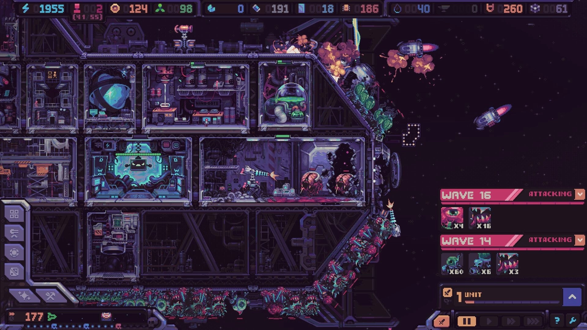 Hull Rupture: Ship interior defense with turrets firing at alien breaches, wave counter UI in space.