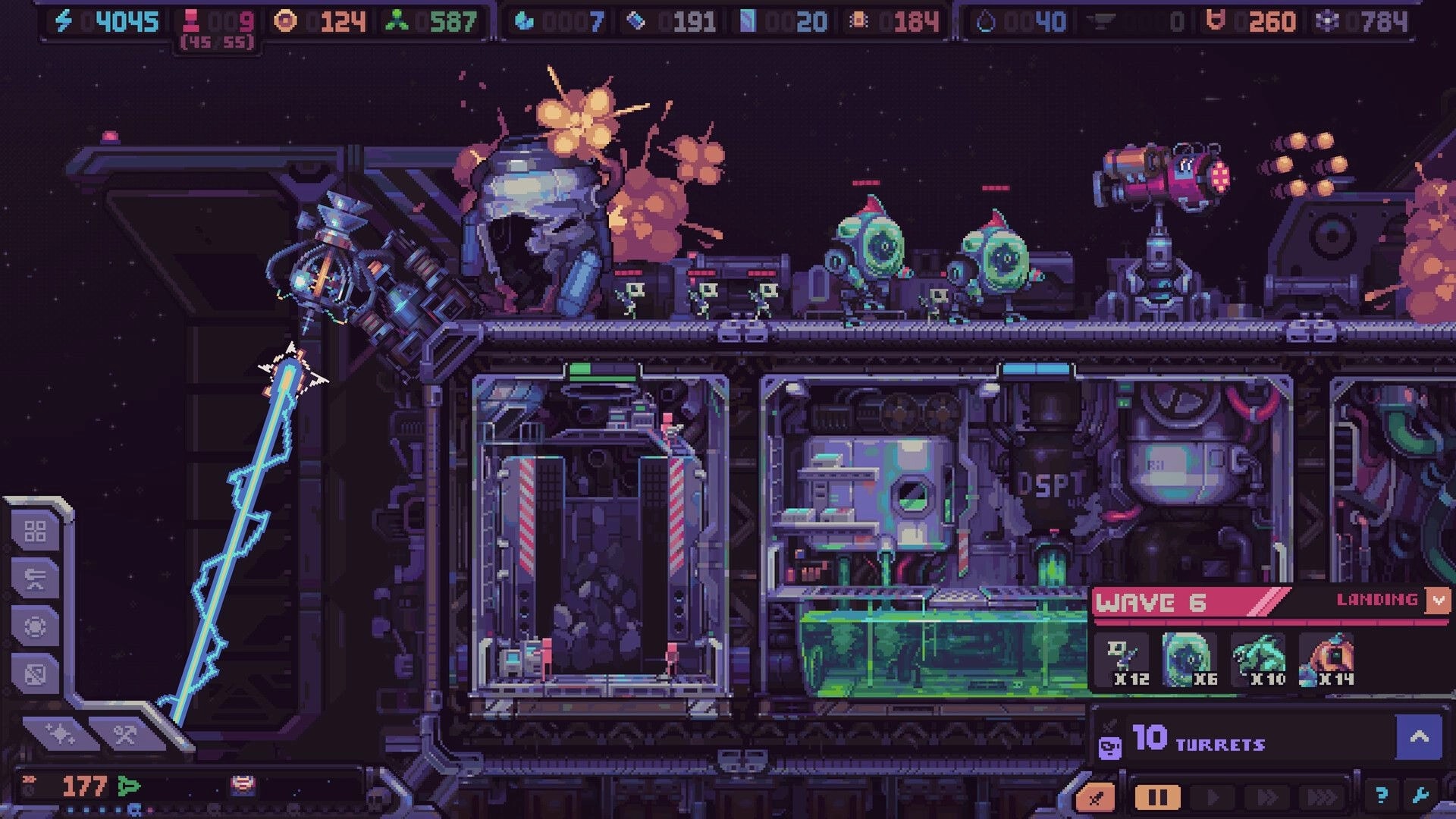 Hull Rupture: Wave 6 landing alert as aliens approach turrets on a side-view spaceship interior map.