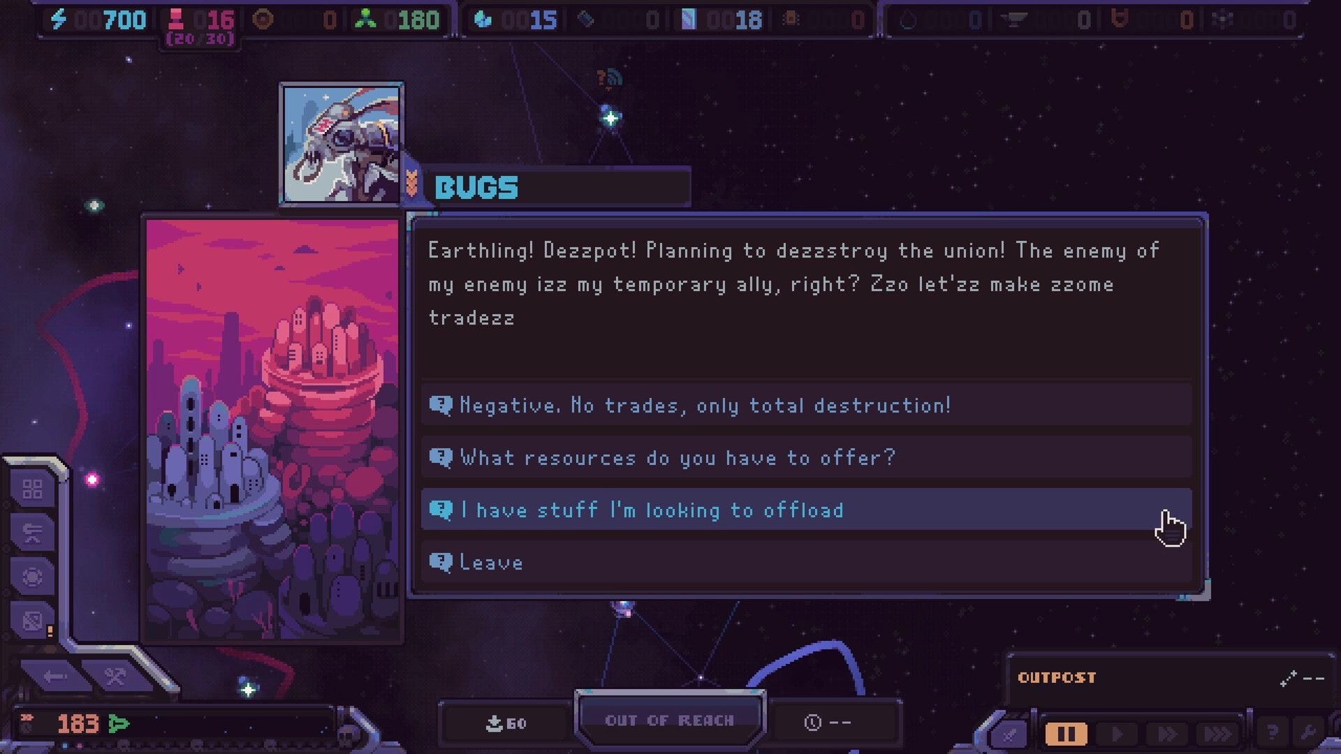 Hull Rupture: Alien Bugs trade dialogue with response options over star map and outpost panel UI.