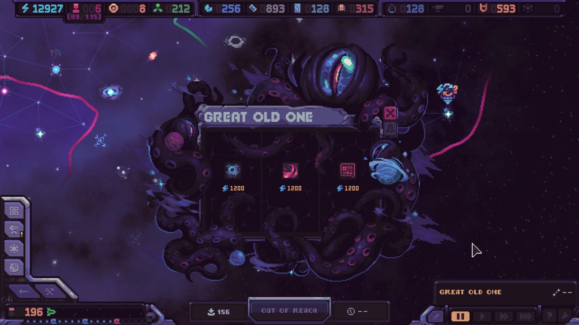 Hull Rupture: Star map event screen targeting Great Old One with tentacled icon and upgrade costs in space.