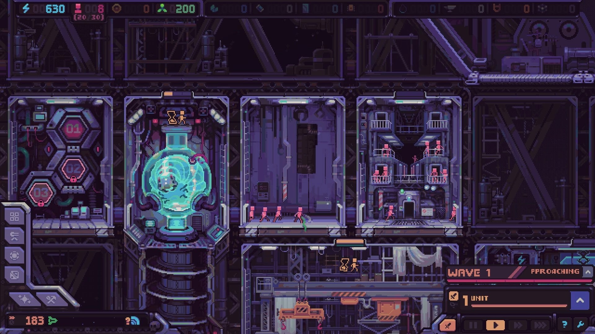 Hull Rupture: Base overview with reactor core, crew bunks, and Wave 1 approaching alert in ship halls.