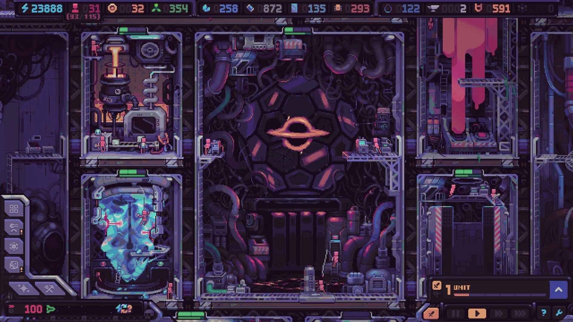 Hull Rupture: Base management view with crew in ship rooms, resource bar on top, organic core center.