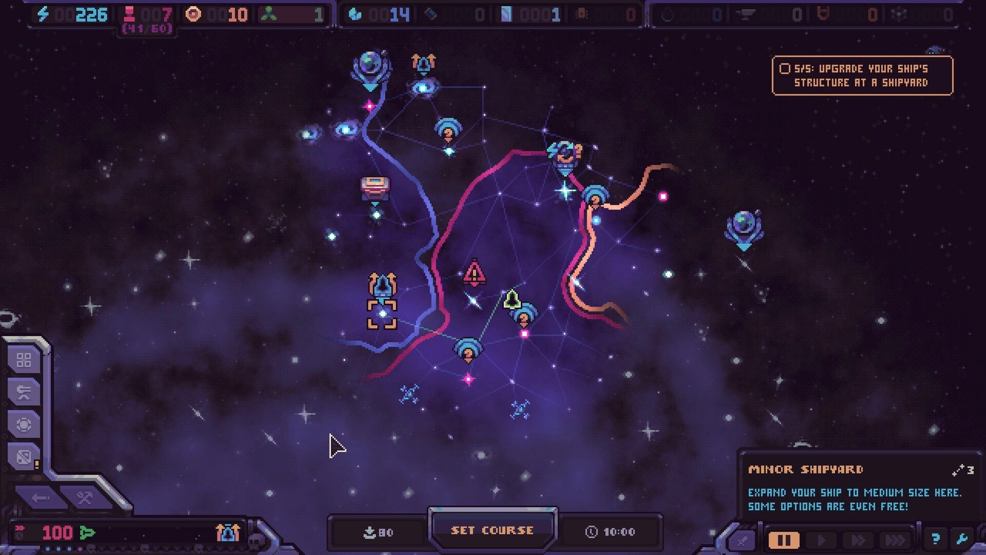 Hull Rupture: Star map route selection with branching nodes and shipyard tooltip over nebula backdrop.