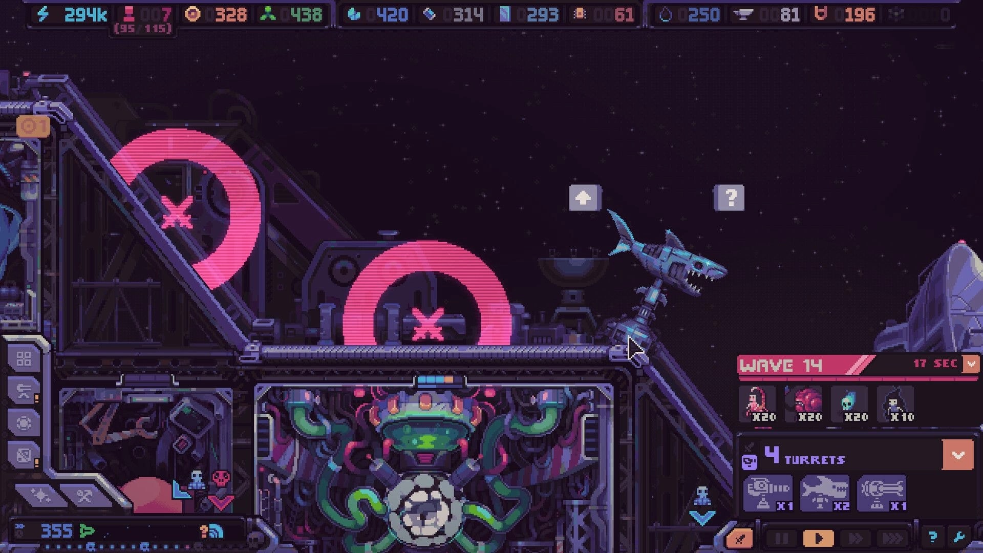 Hull Rupture: Wave 14 defense UI with turret icons as a shark-like drone attacks on ship hull in space.