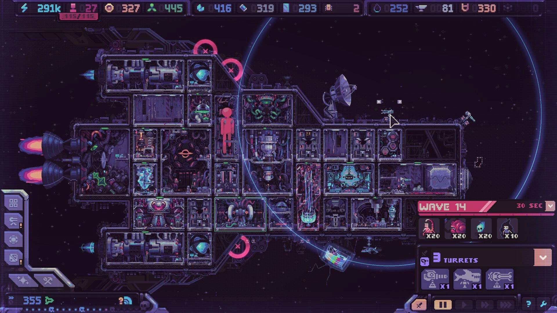 Hull Rupture: Side-view ship interior with modules and turrets, Wave 14 countdown UI in space.