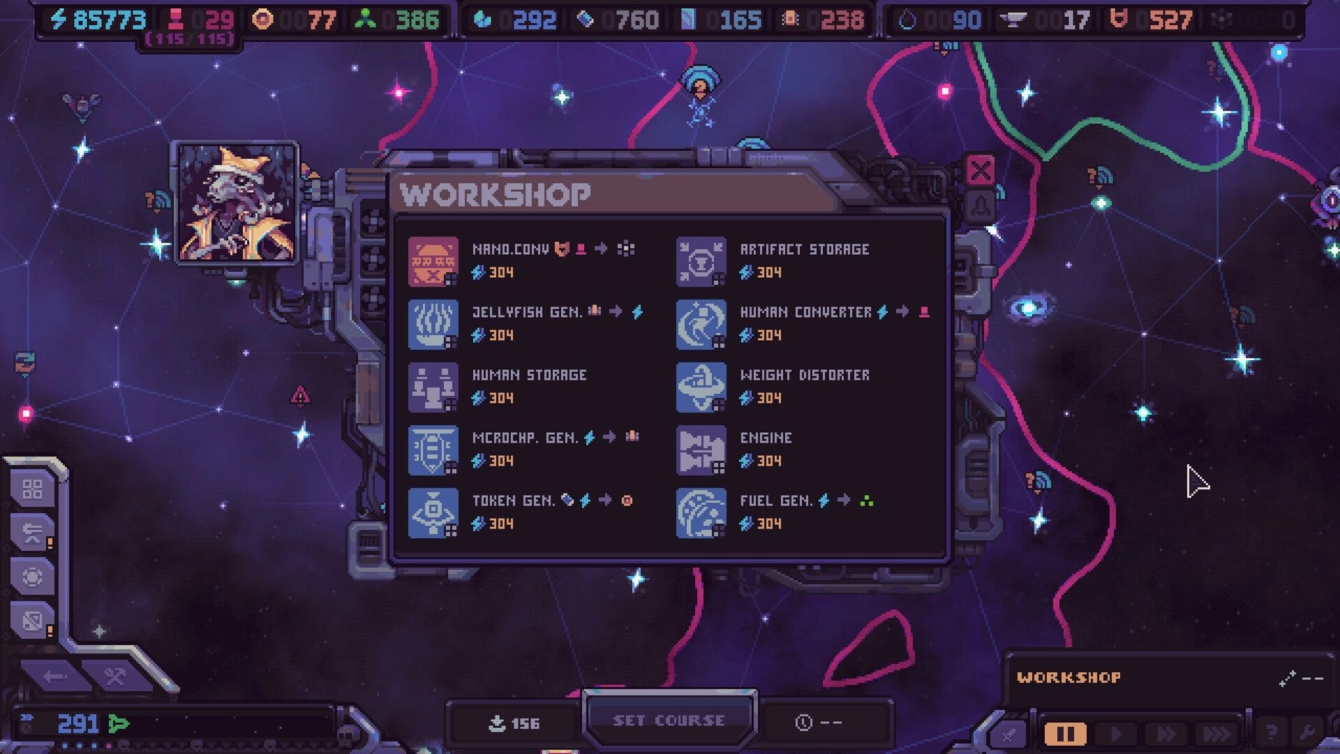 Hull Rupture: Workshop build menu listing ship modules over a star map with resource bar at top.