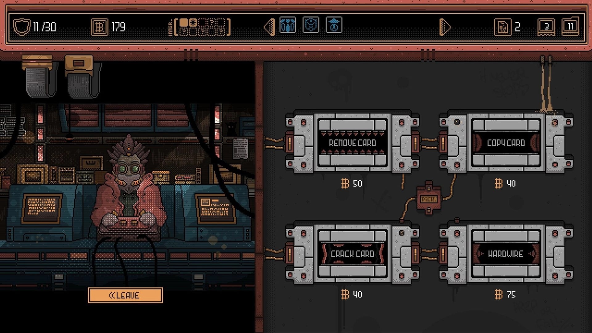 Husk Protocol: Shop menu with masked vendor and card services panel in a dim industrial room.