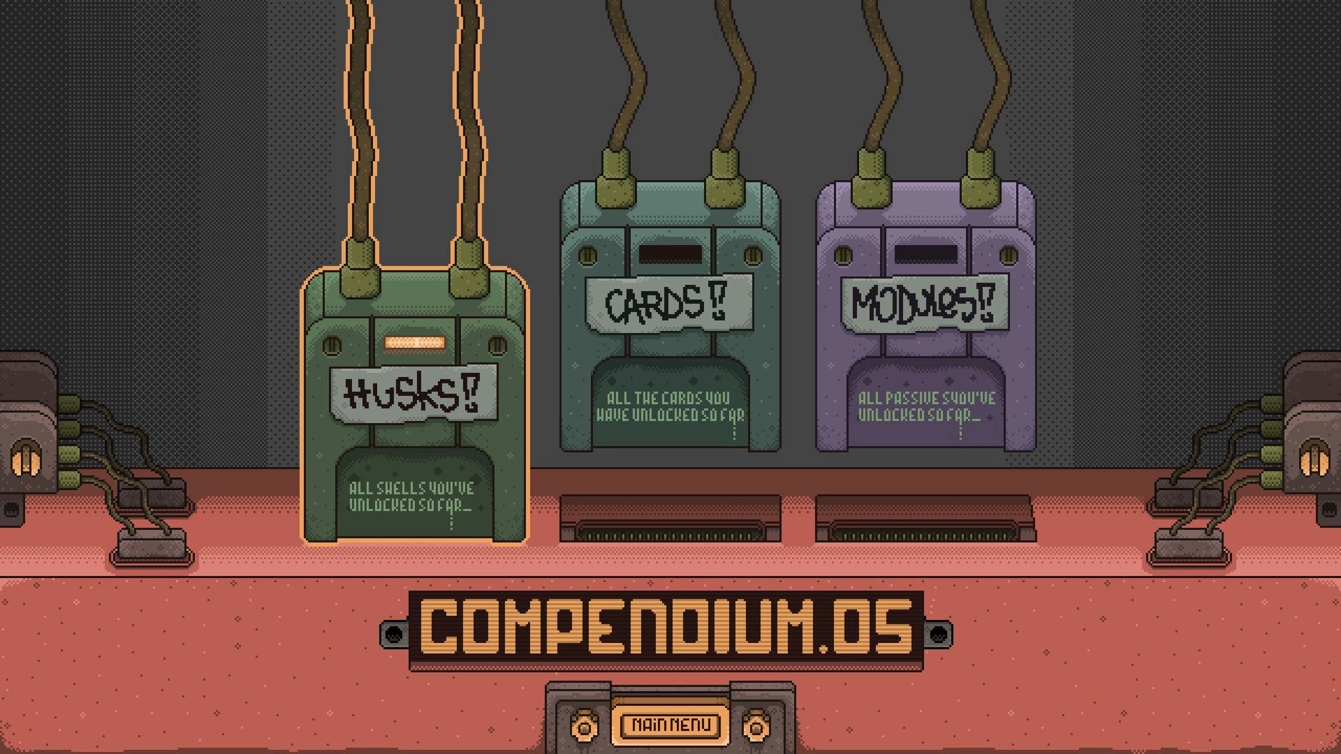 Husk Protocol: Compendium menu with Husks, Cards, and Modes terminals wired in an industrial room.
