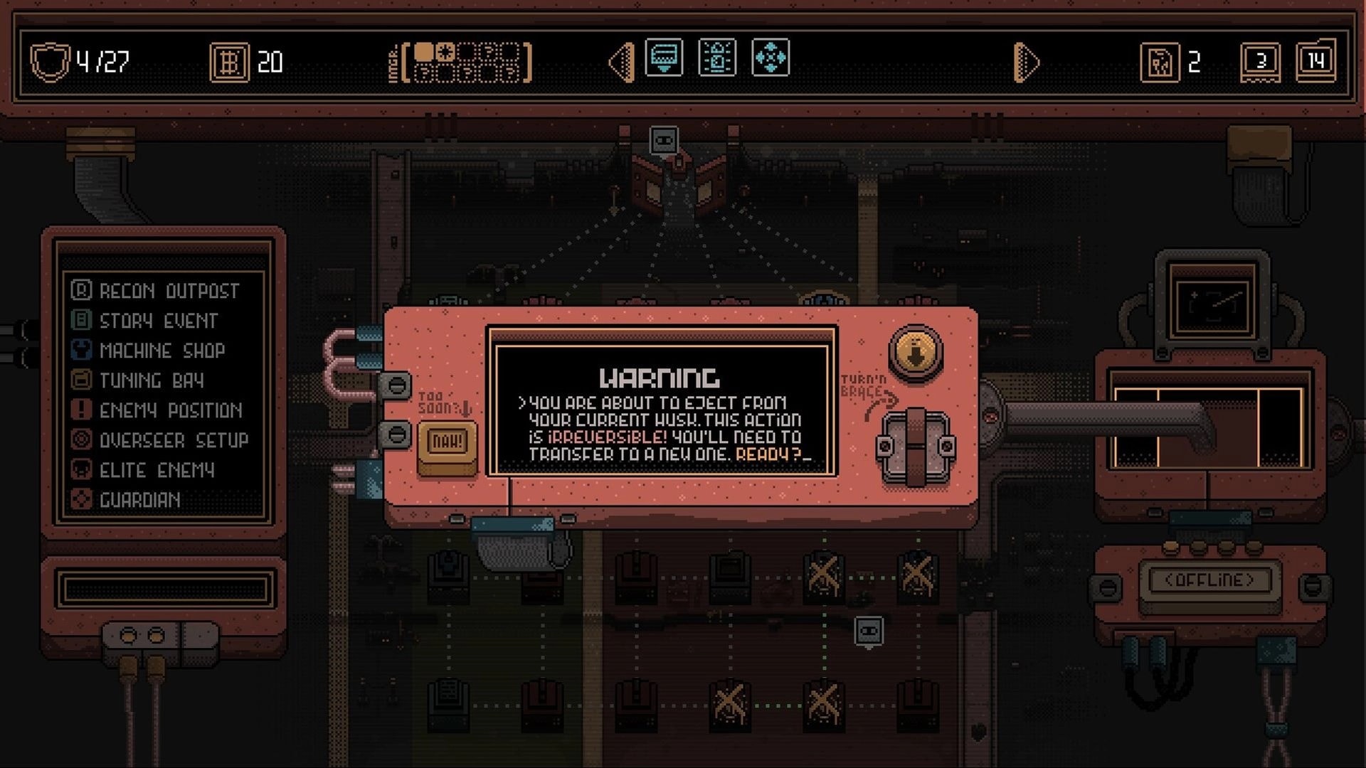 Husk Protocol: Warning popup to eject from current Husk over node map and outpost options menu UI.