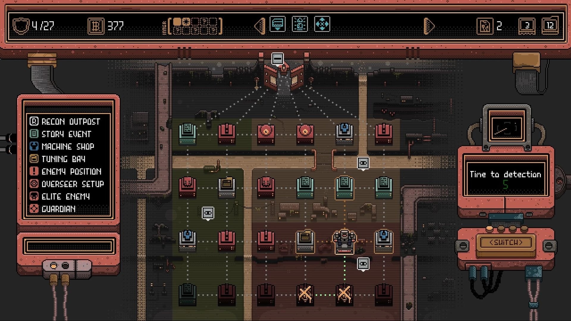 Husk Protocol: City map route screen with node icons, event list panel, and detection timer UI.