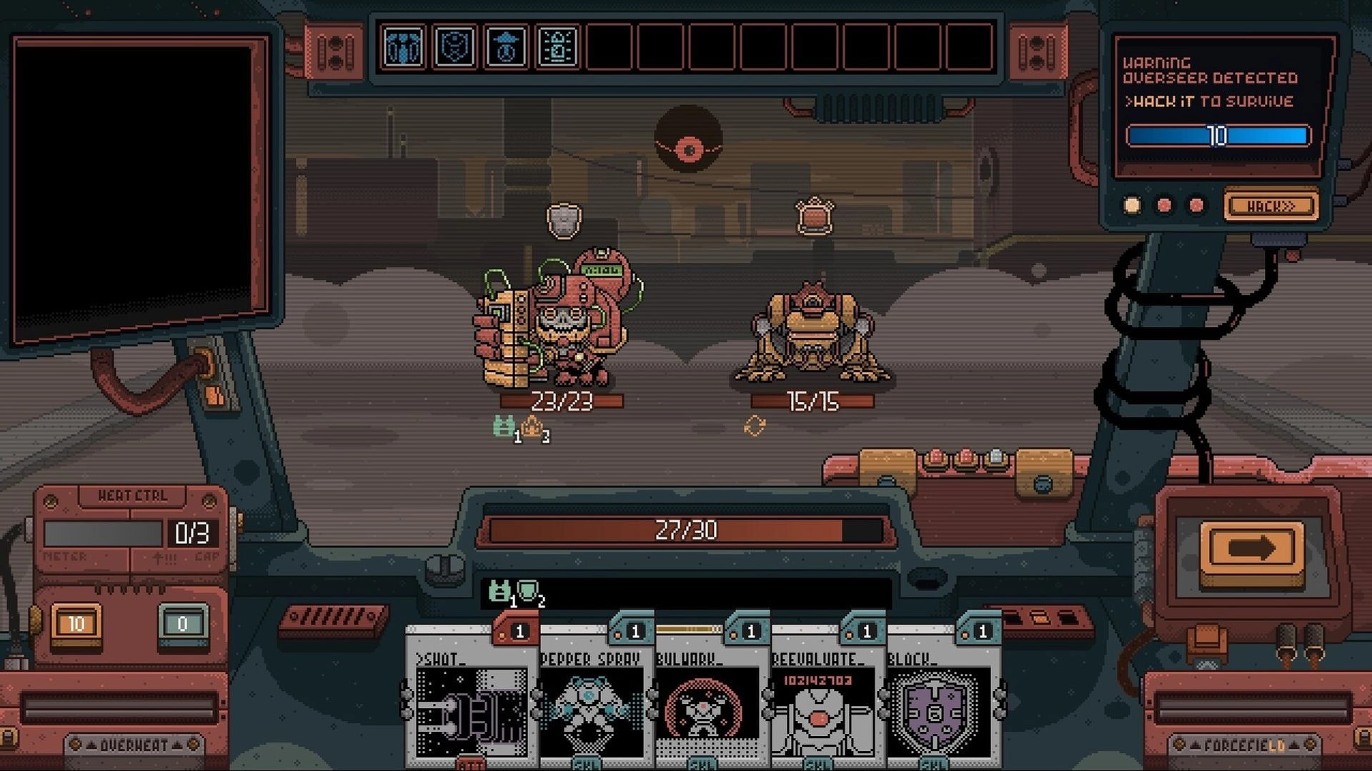 Husk Protocol: Turn-based mech battle with card hand and hack warning UI in a smoky industrial arena.