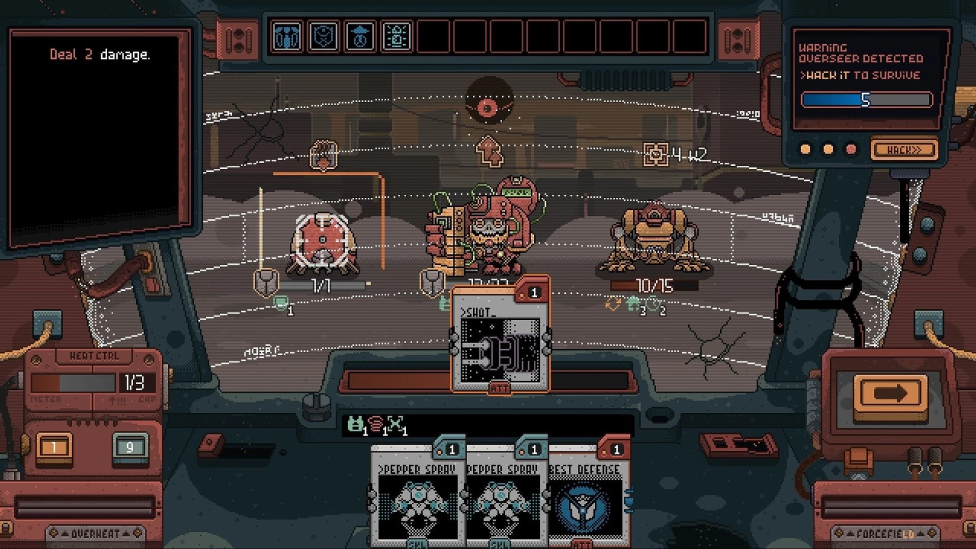 Husk Protocol: Turn-based mech battle UI with card hand and hack warning in a pixel arena cockpit.