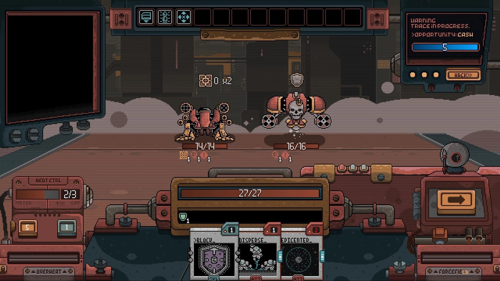 Husk Protocol: Mech card battle UI with two enemy drones and hand of cards in a factory arena.