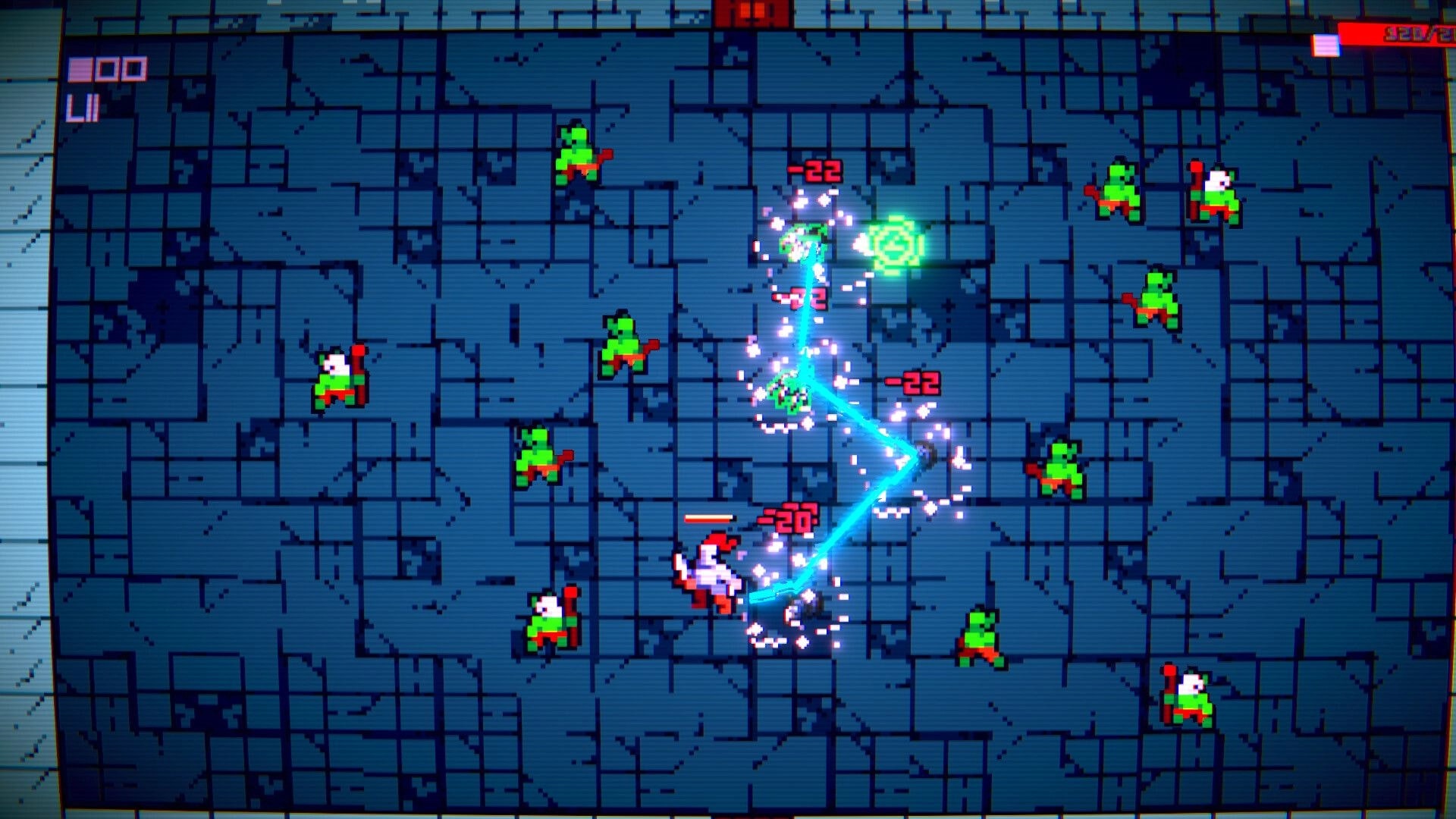 IncreKnight: Lightning spell chains between goblins as a knight fights on a blue stone dungeon floor.