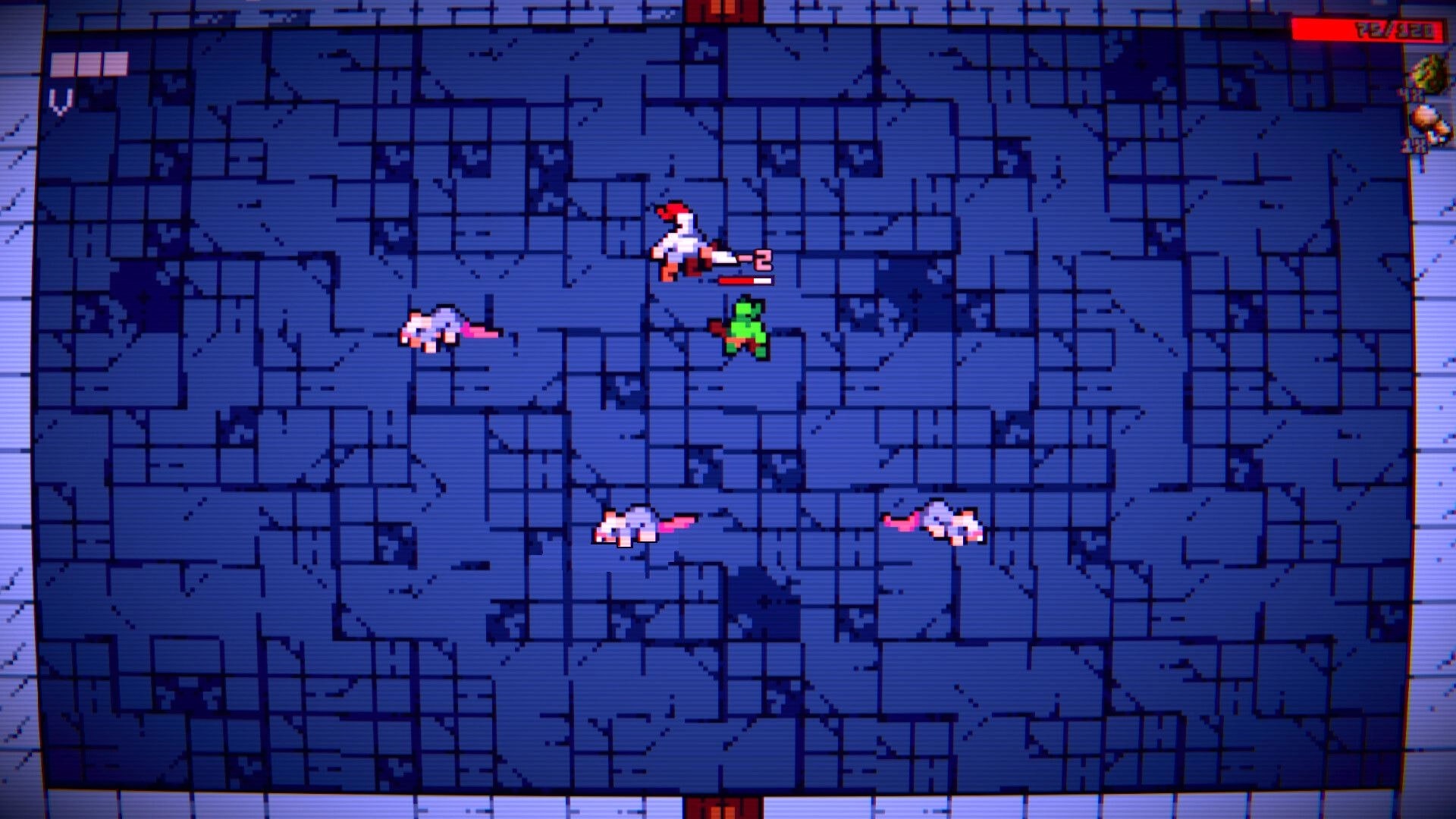 IncreKnight: Knight attacks green slime in blue stone dungeon room with rats and HP bar UI.