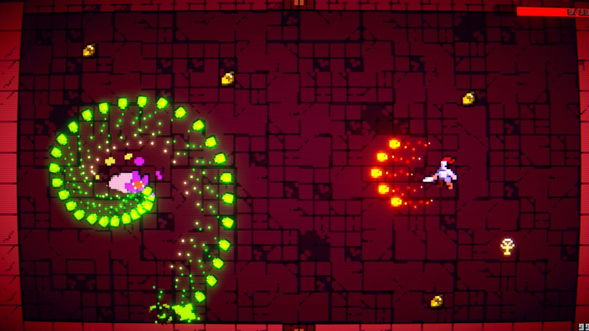 IncreKnight: Knight dodges spiral green projectiles and fireballs in a red brick dungeon arena.