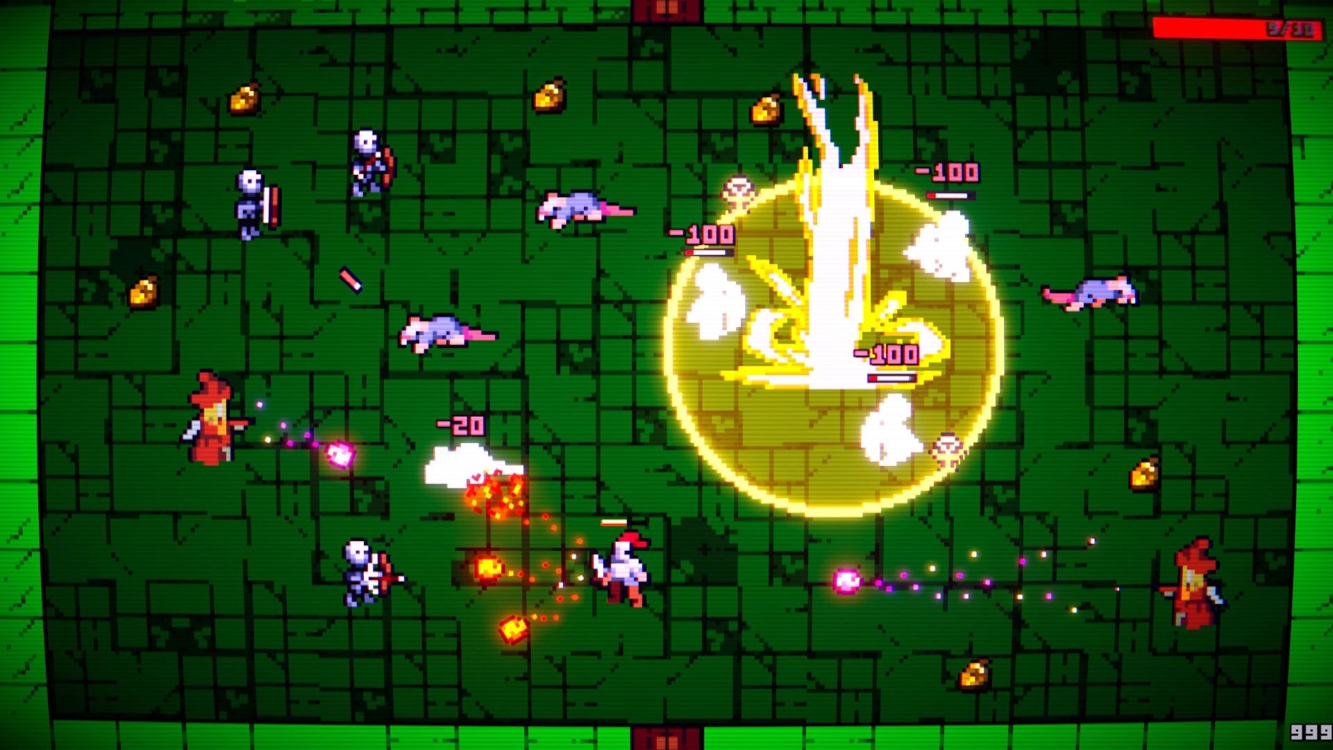 IncreKnight: Wizard and knight battle rats with spells and explosions on a green dungeon grid map.