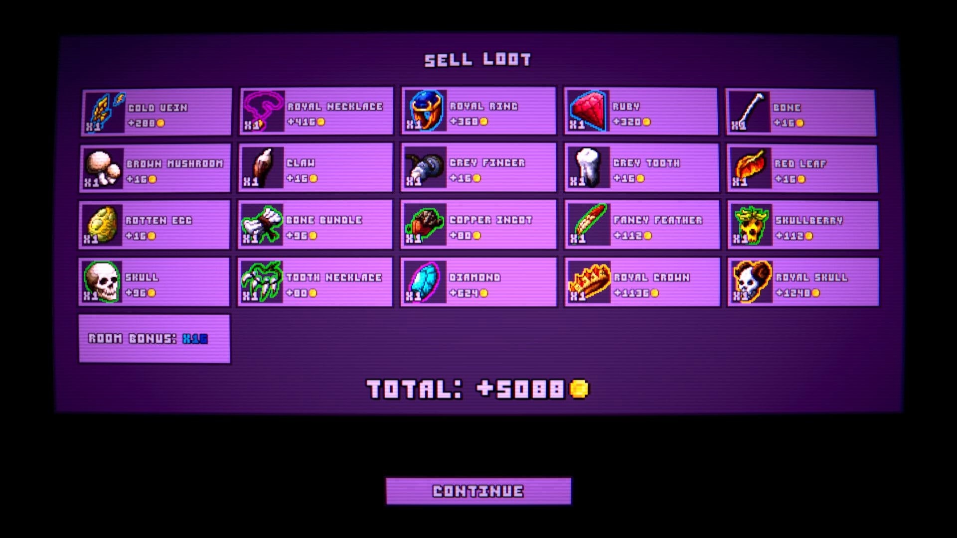 IncreKnight: Sell Loot screen listing item values, room bonus x16, total +5088 gold, Continue button.