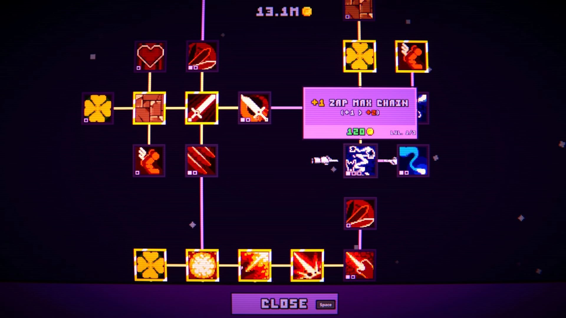 IncreKnight: Skill tree upgrade menu highlighting +1 Zap Max Chain for 120 coins in space backdrop.