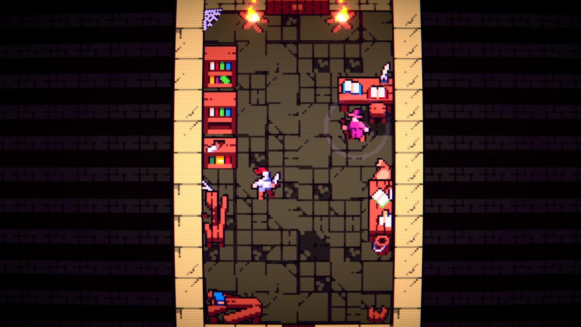 IncreKnight: Pixel knight walks in torchlit dungeon room with bookshelves, desk, and bed UI view.