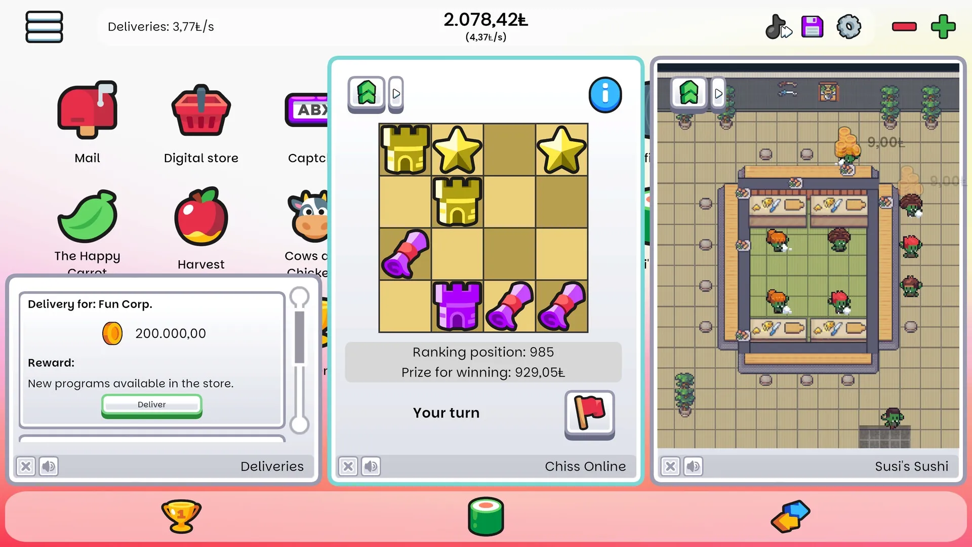 Infiniclick: Delivery task for Fun Corp and puzzle game with ranking in a colorful interface