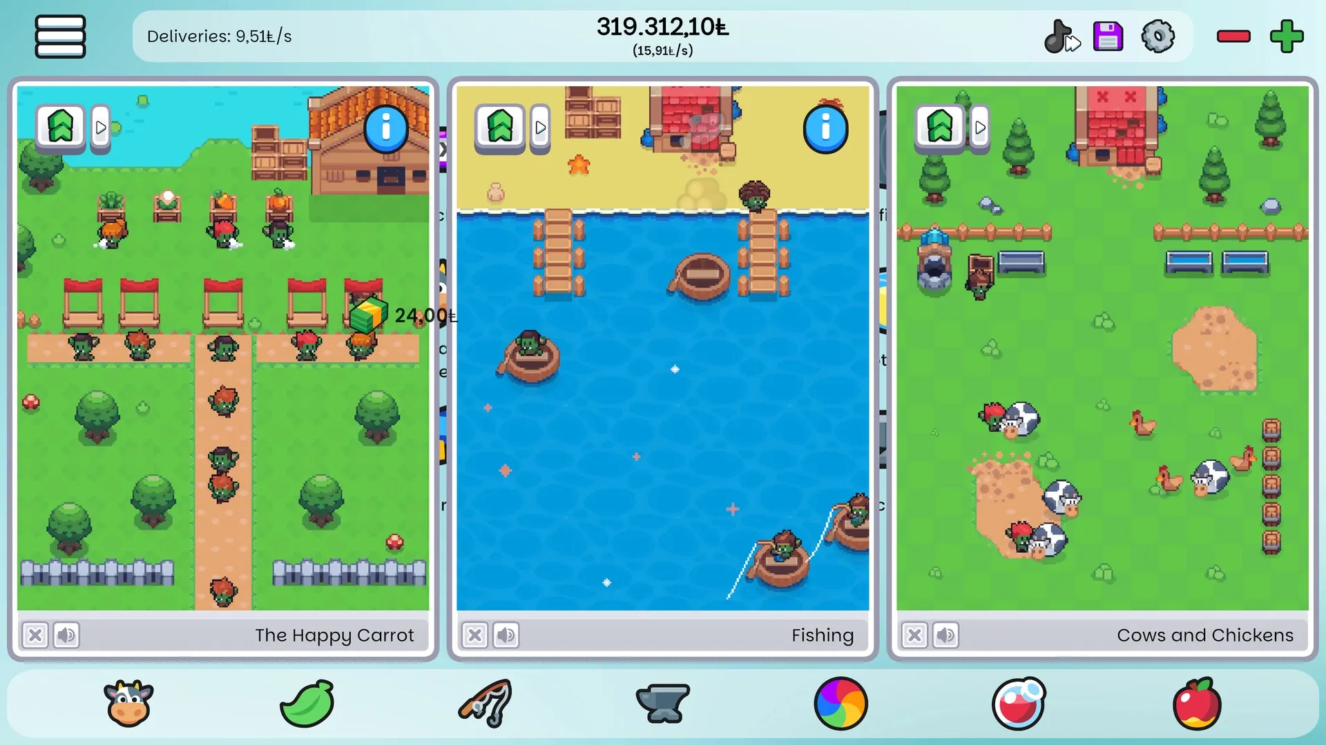Infiniclick: Village farming, fishing by the lake, and animal husbandry in a colorful pixelated world.