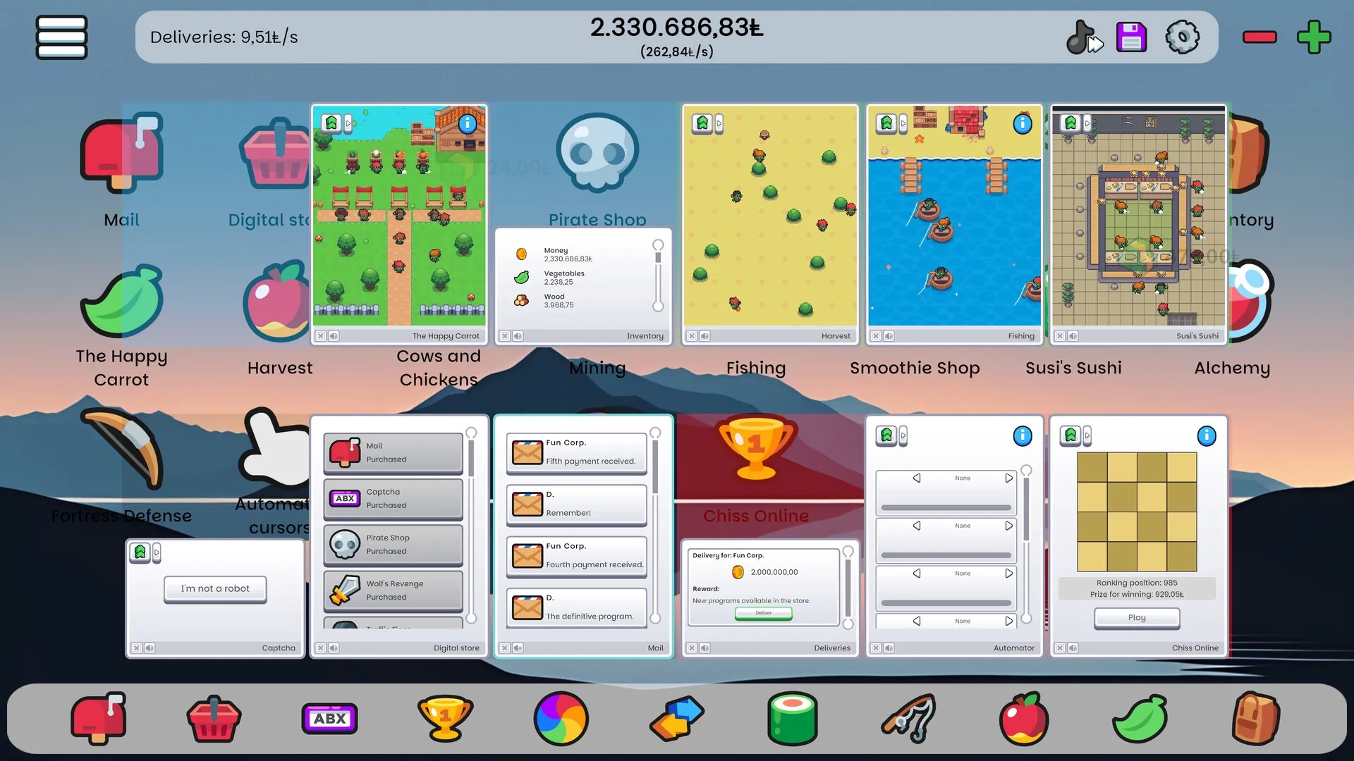 Infiniclick: Main interface with program windows, inventory, and delivery progress against mountain backdrop.