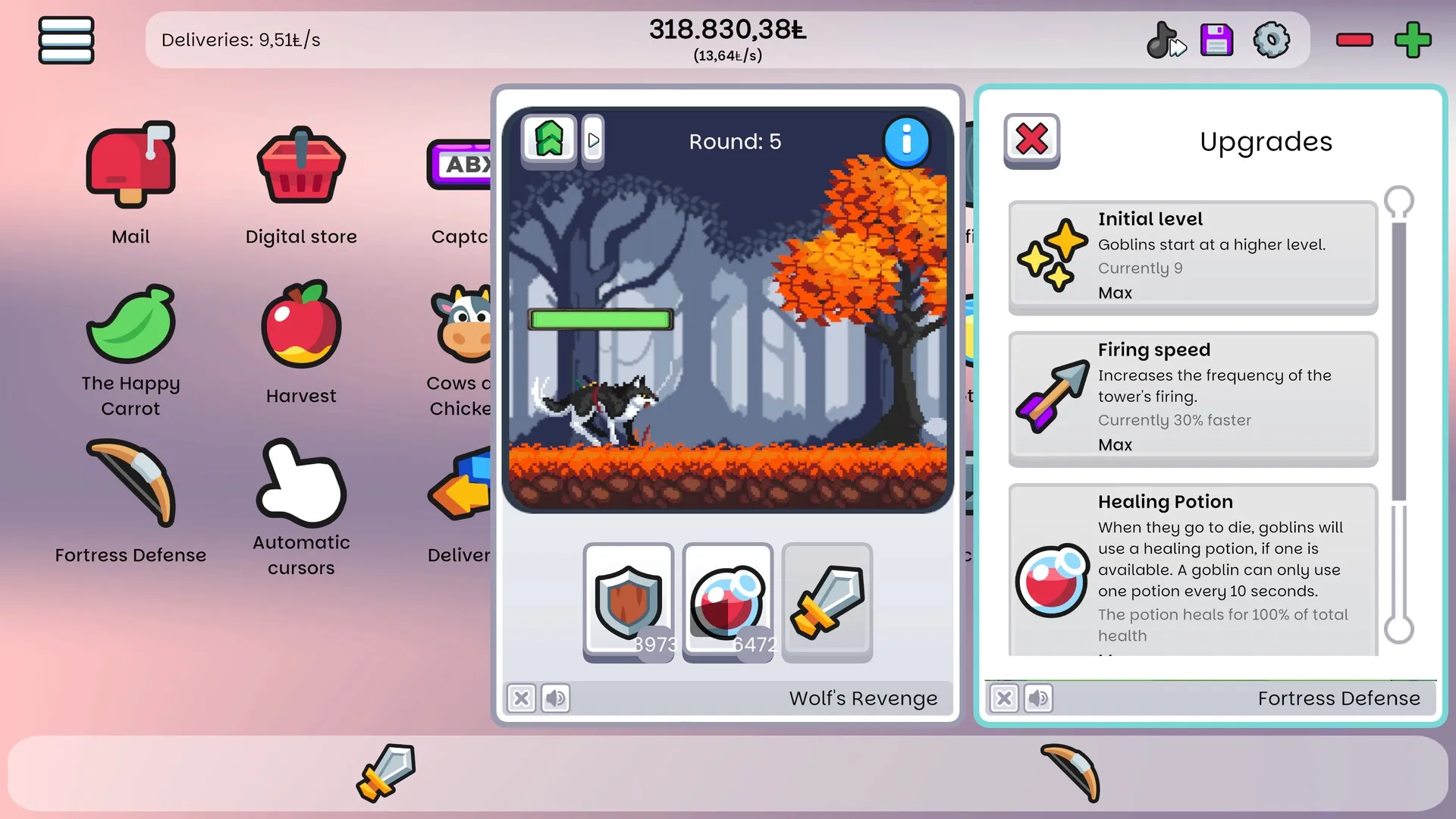 Infiniclick: A wolf battles in a forest during round 5 with upgrade options in the sidebar menu.